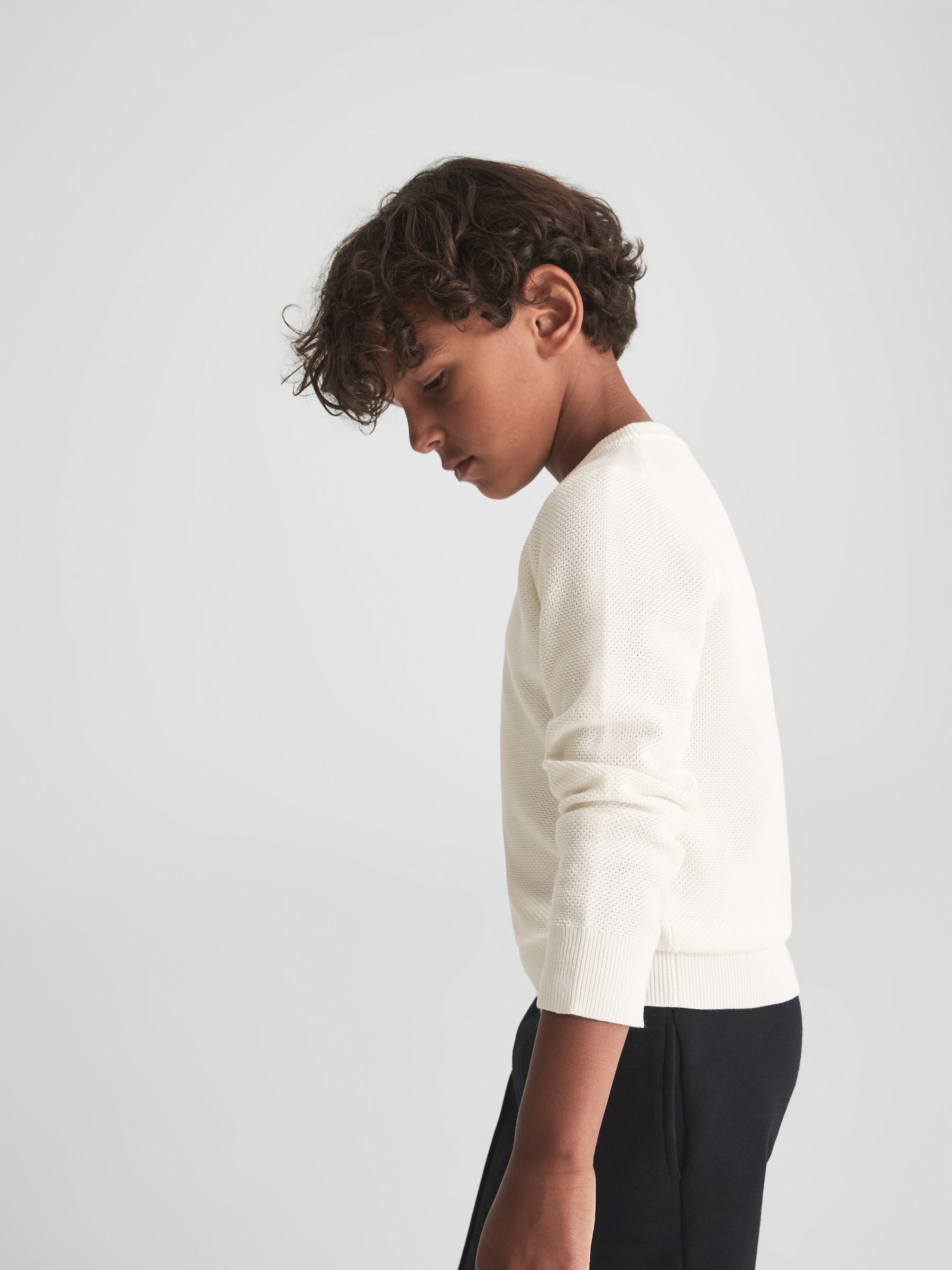 Junior Stitch Interest Crew Neck Jumper in White - Image 8 of 9