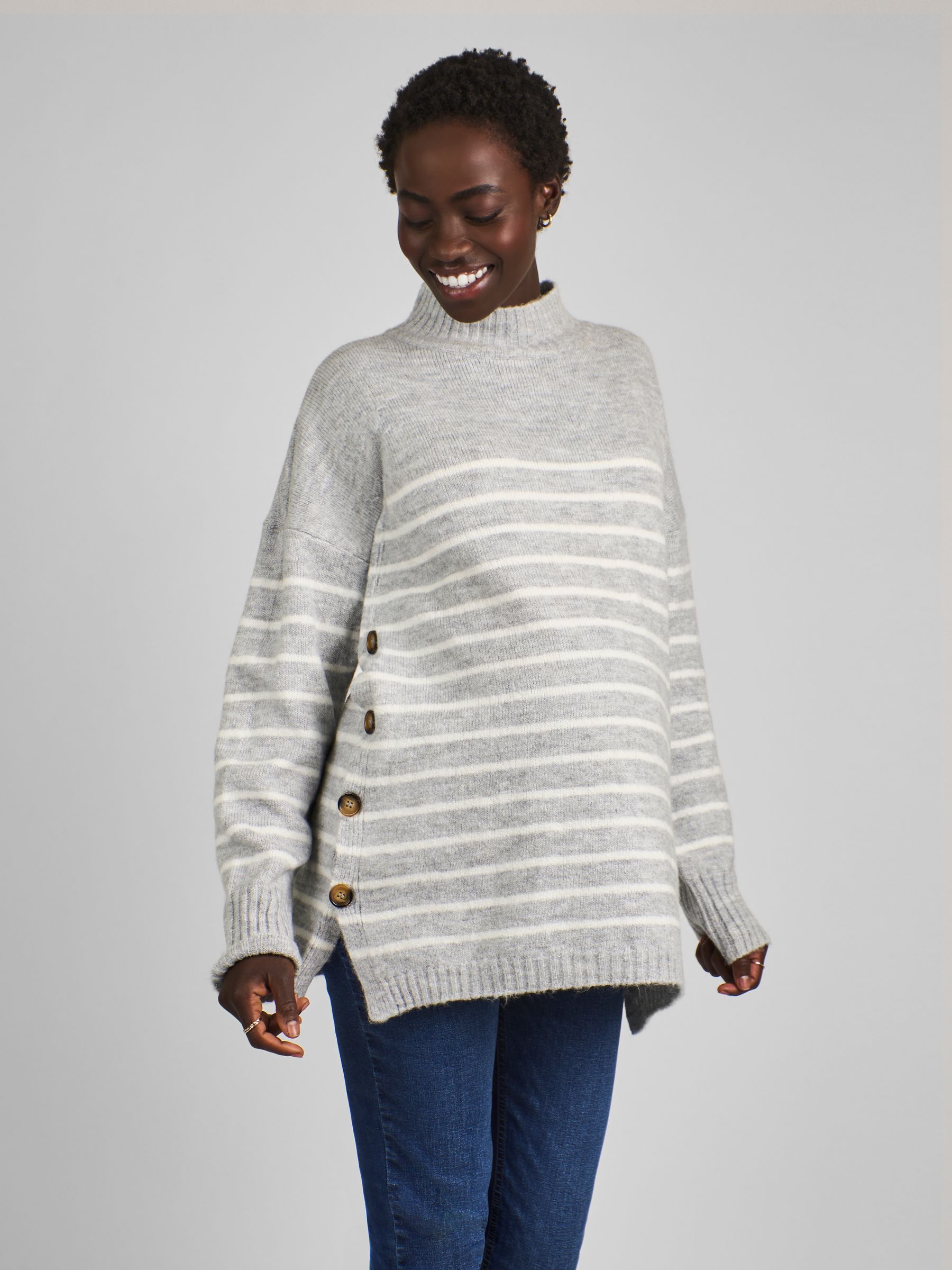 Marl Grey Stripe Turtle Neck Maternity Nursing Jumper JoJo