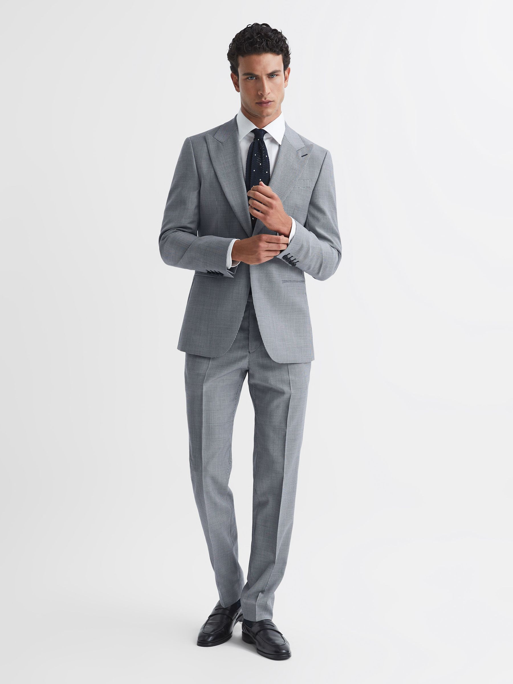 Wool Slim Fit  Micro Puppytooth Formal Trousers in Navy/White - Image 3 of 5