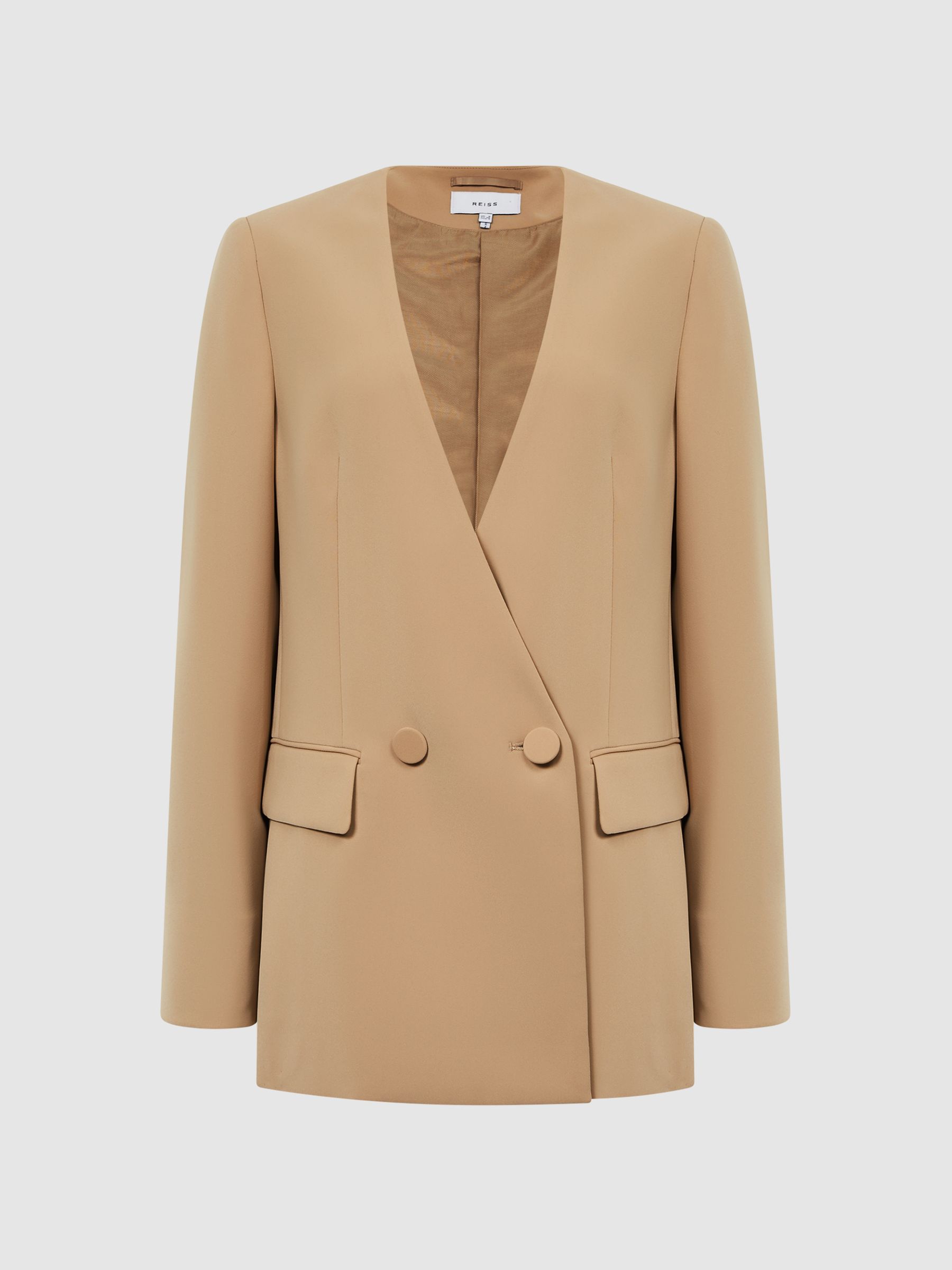 Collarless Double Breasted Suit Blazer in Neutral - Image 2 of 6