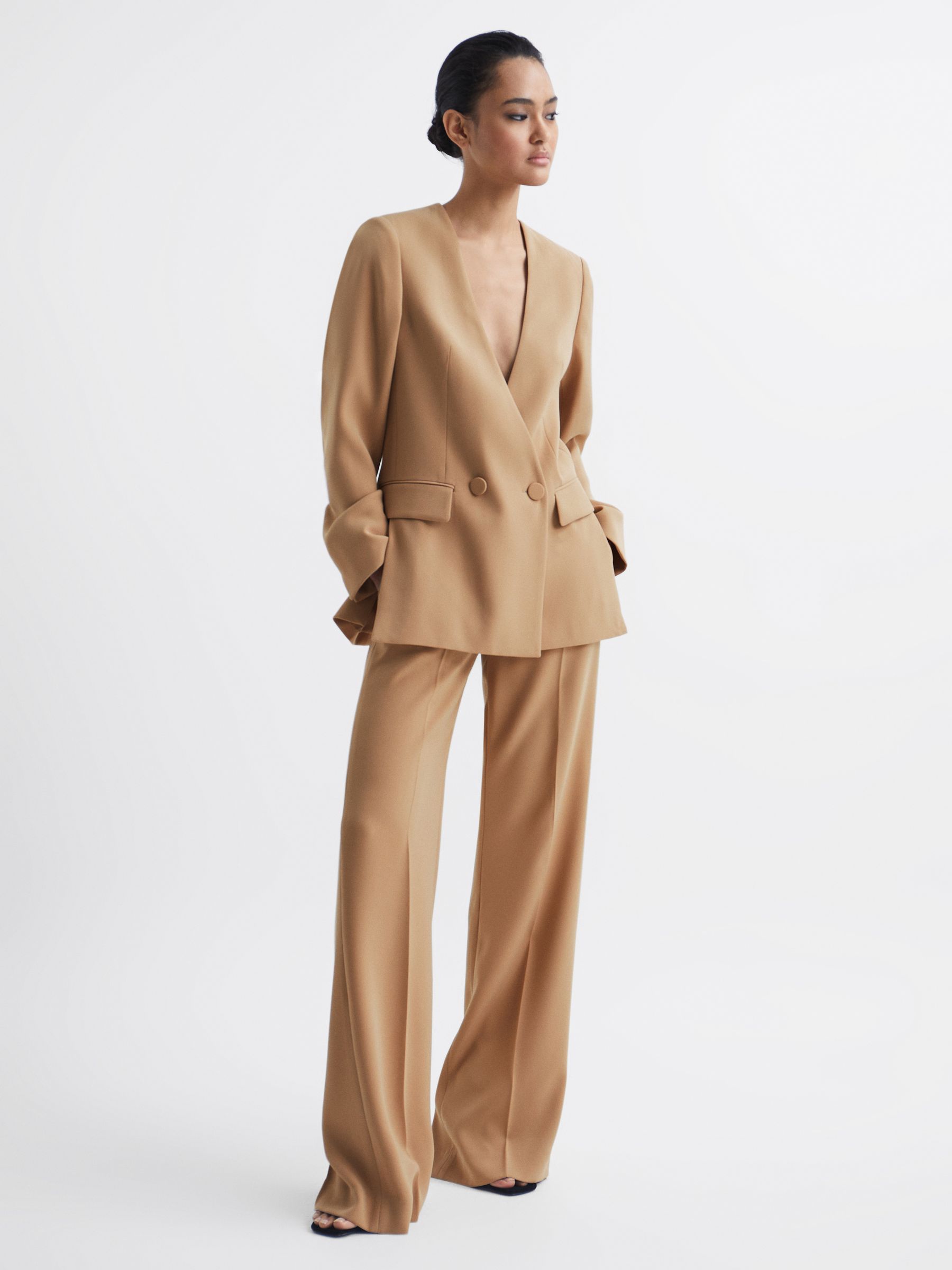 Collarless Double Breasted Suit Blazer in Neutral - Image 3 of 6