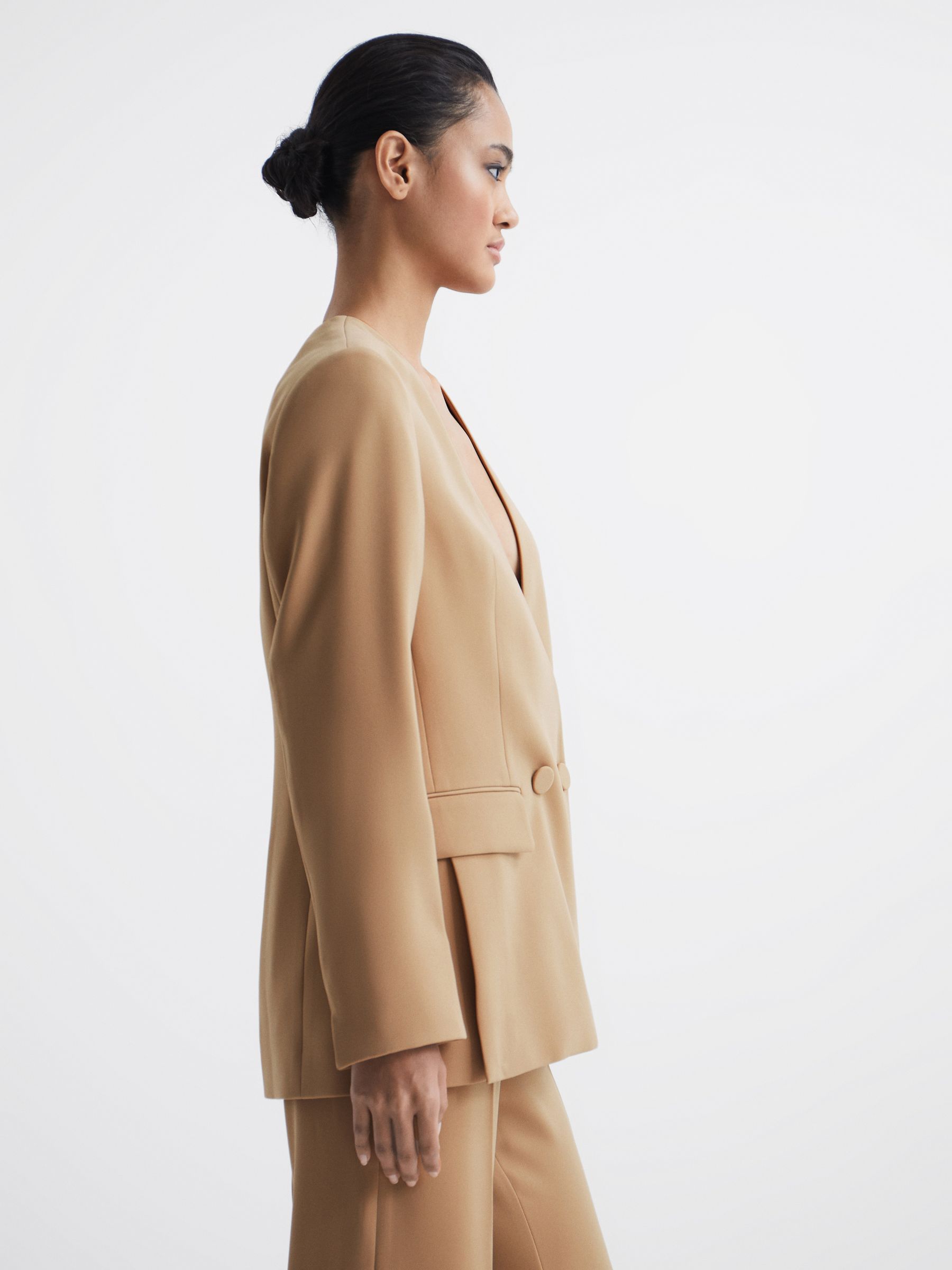 Collarless Double Breasted Suit Blazer in Neutral - Image 4 of 6