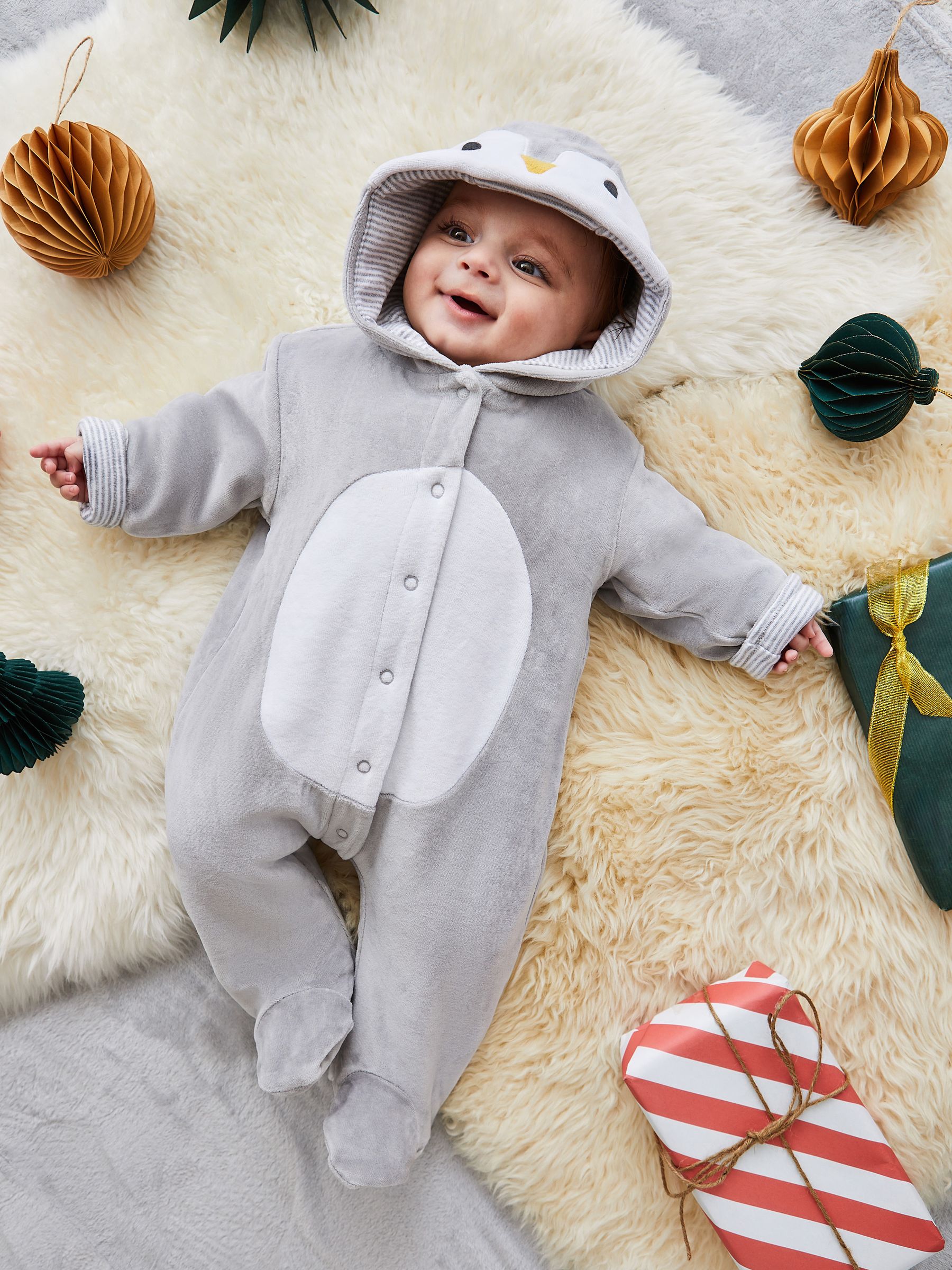 Penguin Cosy Velour Pramsuit in Grey - Image 1 of 6