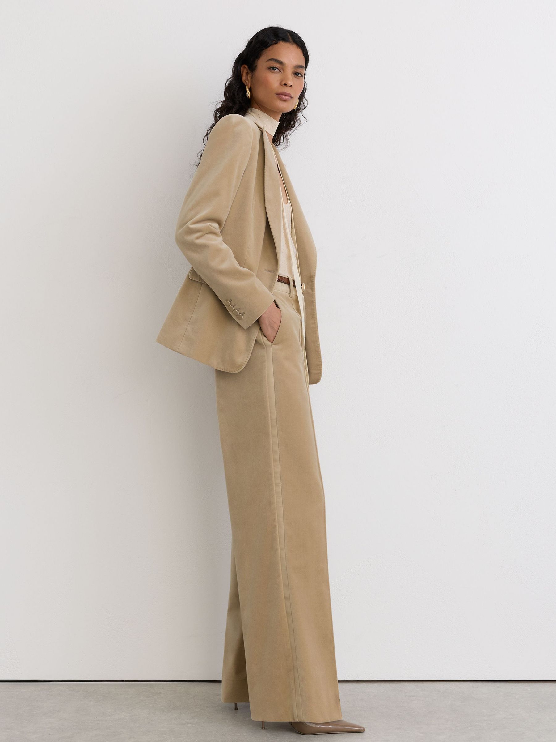 Velvet Flared Pintuck Suit Trousers in Blonde Neutral - Image 1 of 8
