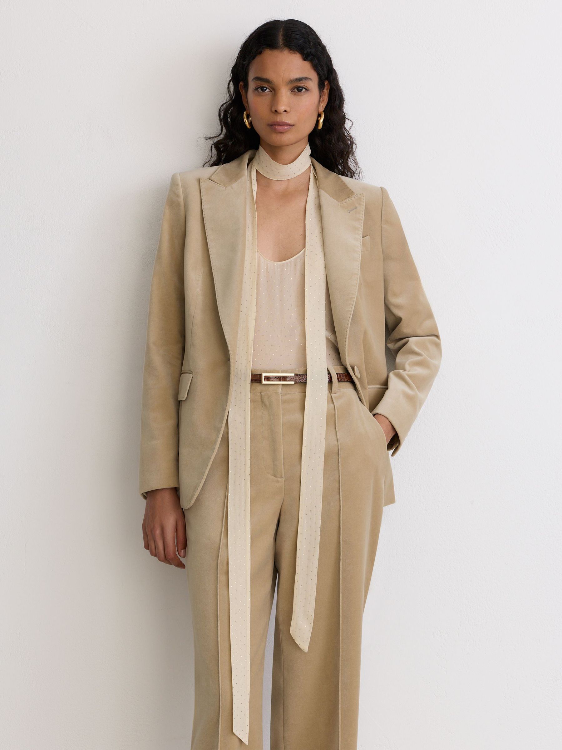 Velvet Flared Pintuck Suit Trousers in Blonde Neutral - Image 4 of 8