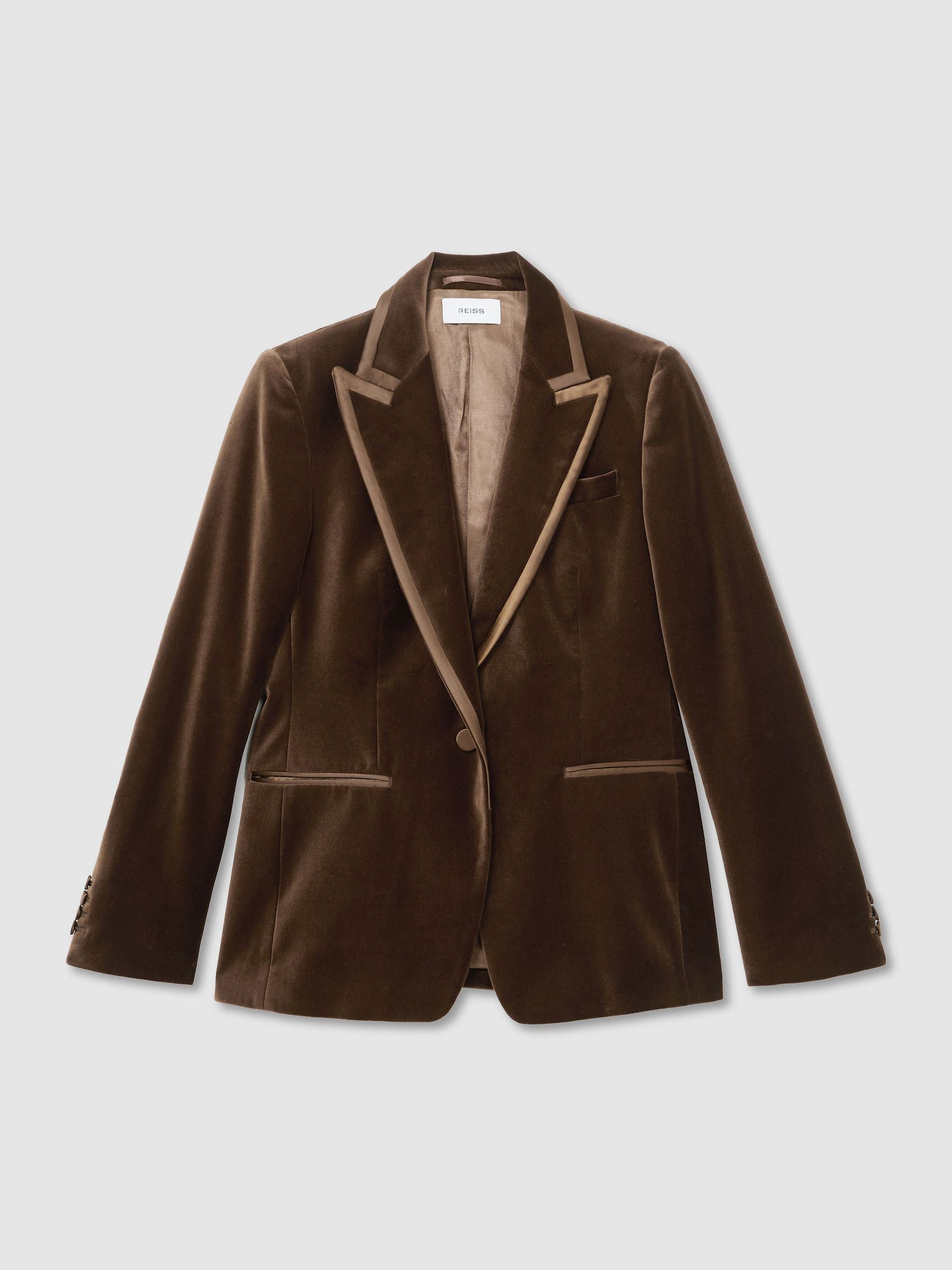 Petite Velvet Satin-Trim Single-Breasted Suit Blazer in Mocha Brown - Image 2 de 8