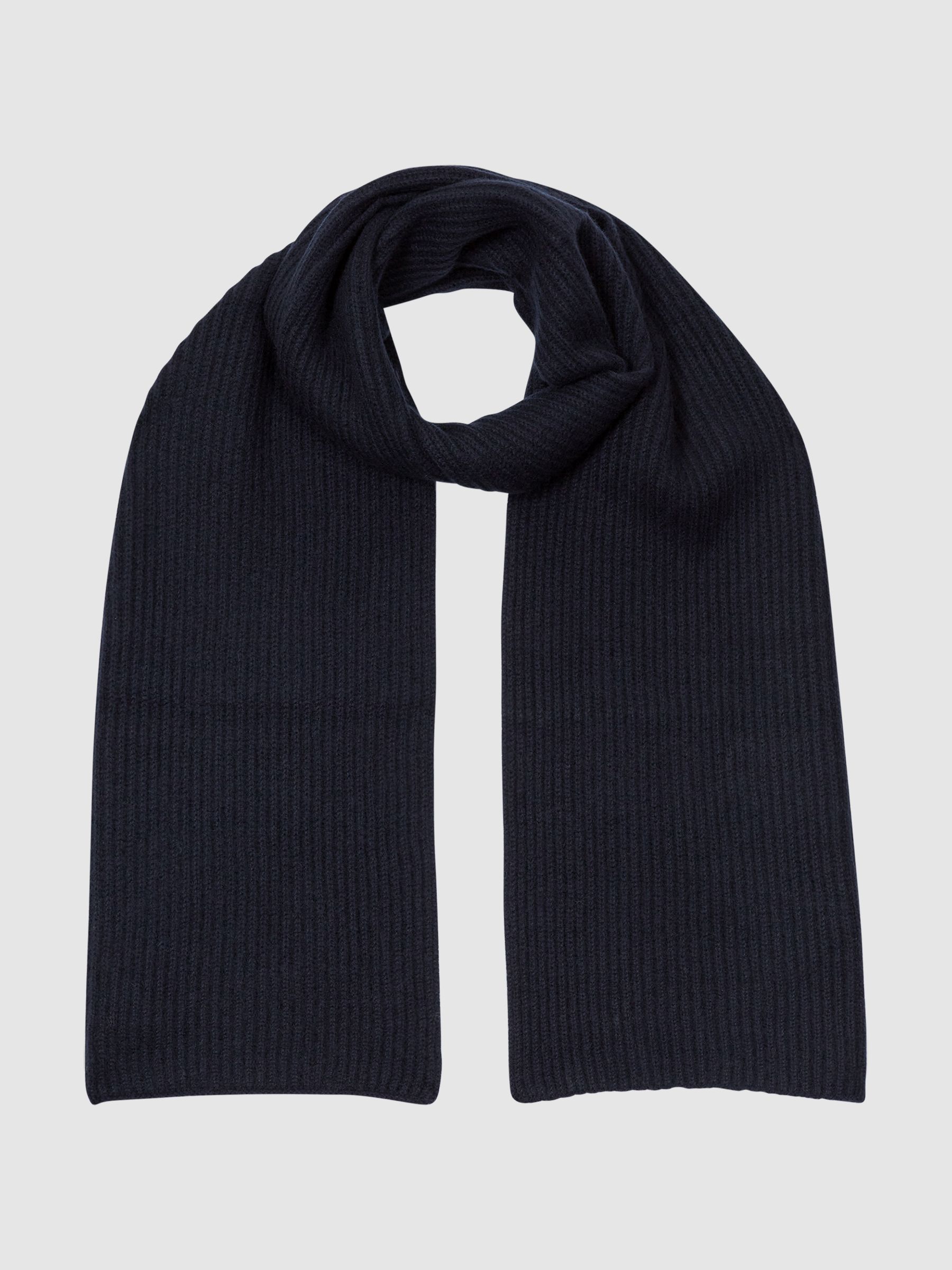 Ribbed 100% Cashmere Scarf in Navy - Image 1 of 4