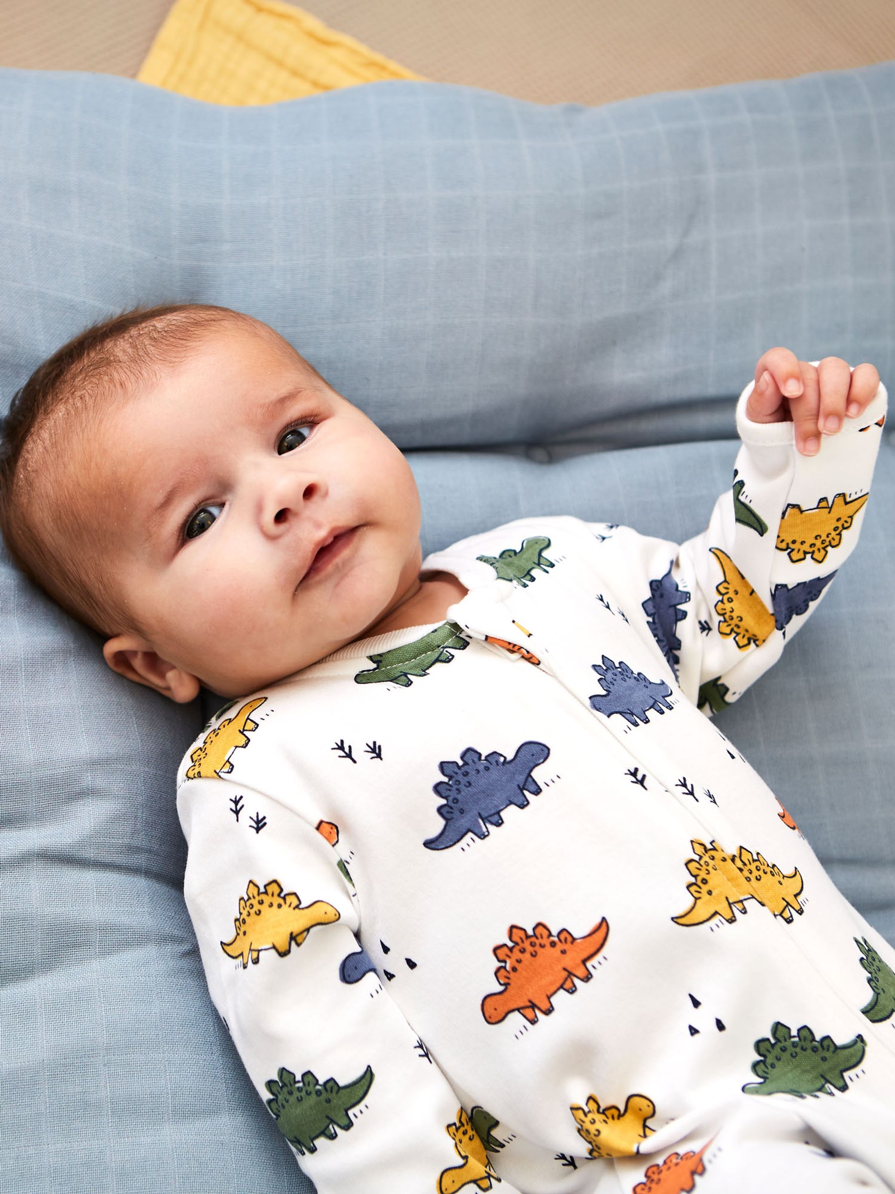 White Multi Dinosaur Print Zip Cotton Baby Sleepsuit - Image 2 of 5
