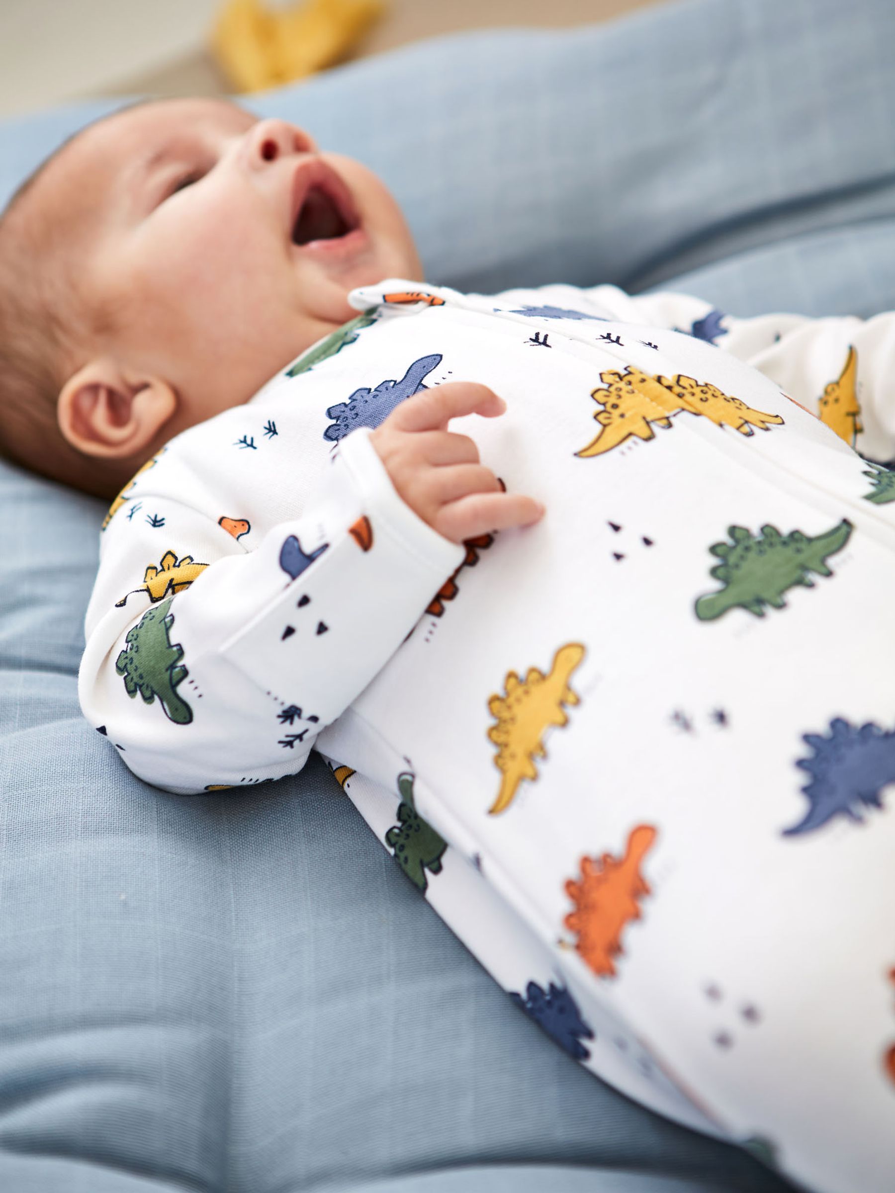 White Multi Dinosaur Print Zip Cotton Baby Sleepsuit - Image 3 of 5