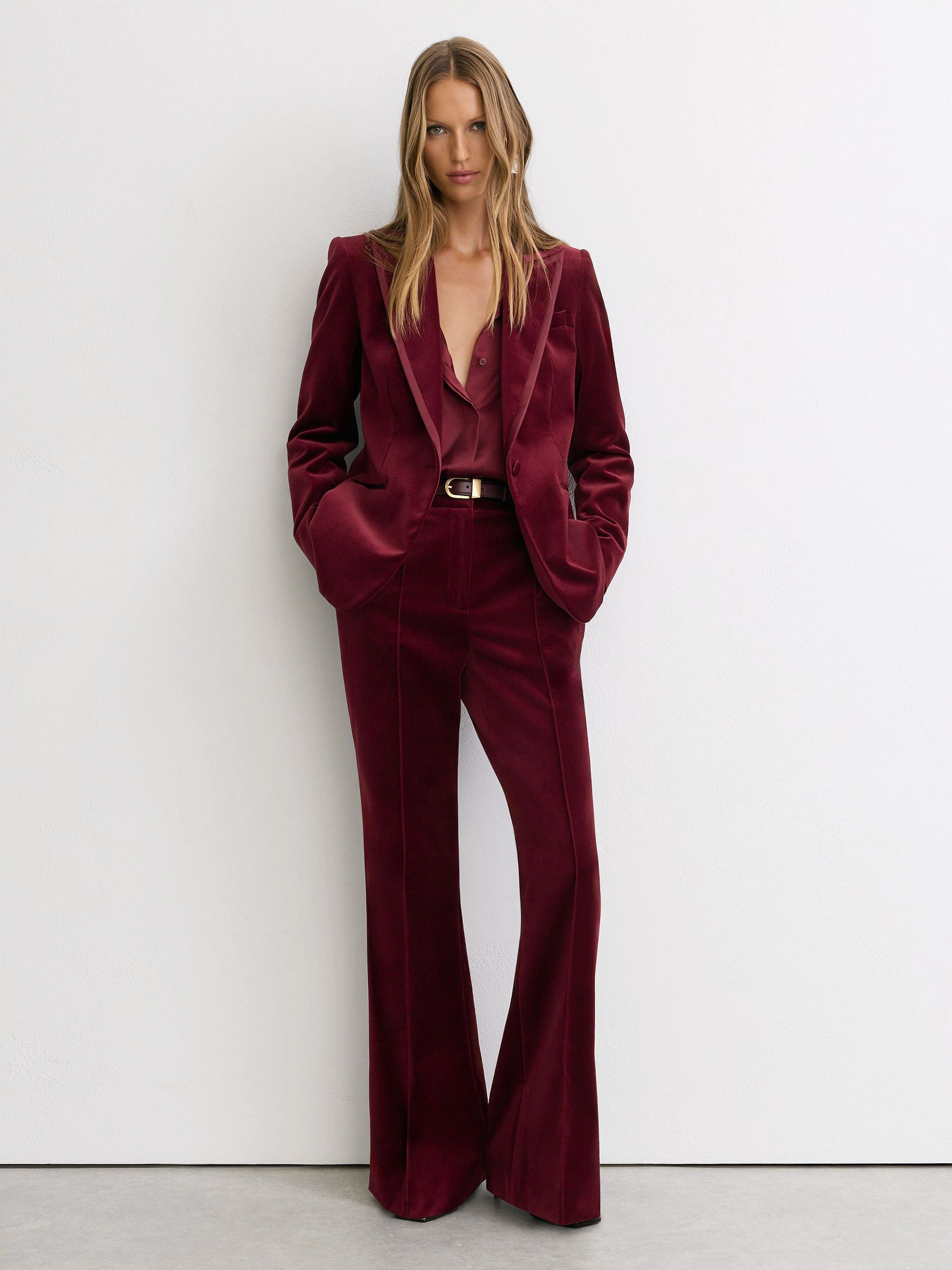 Tall Velvet Flared Tuxedo Trousers in Dark Red - Image 1 of 6