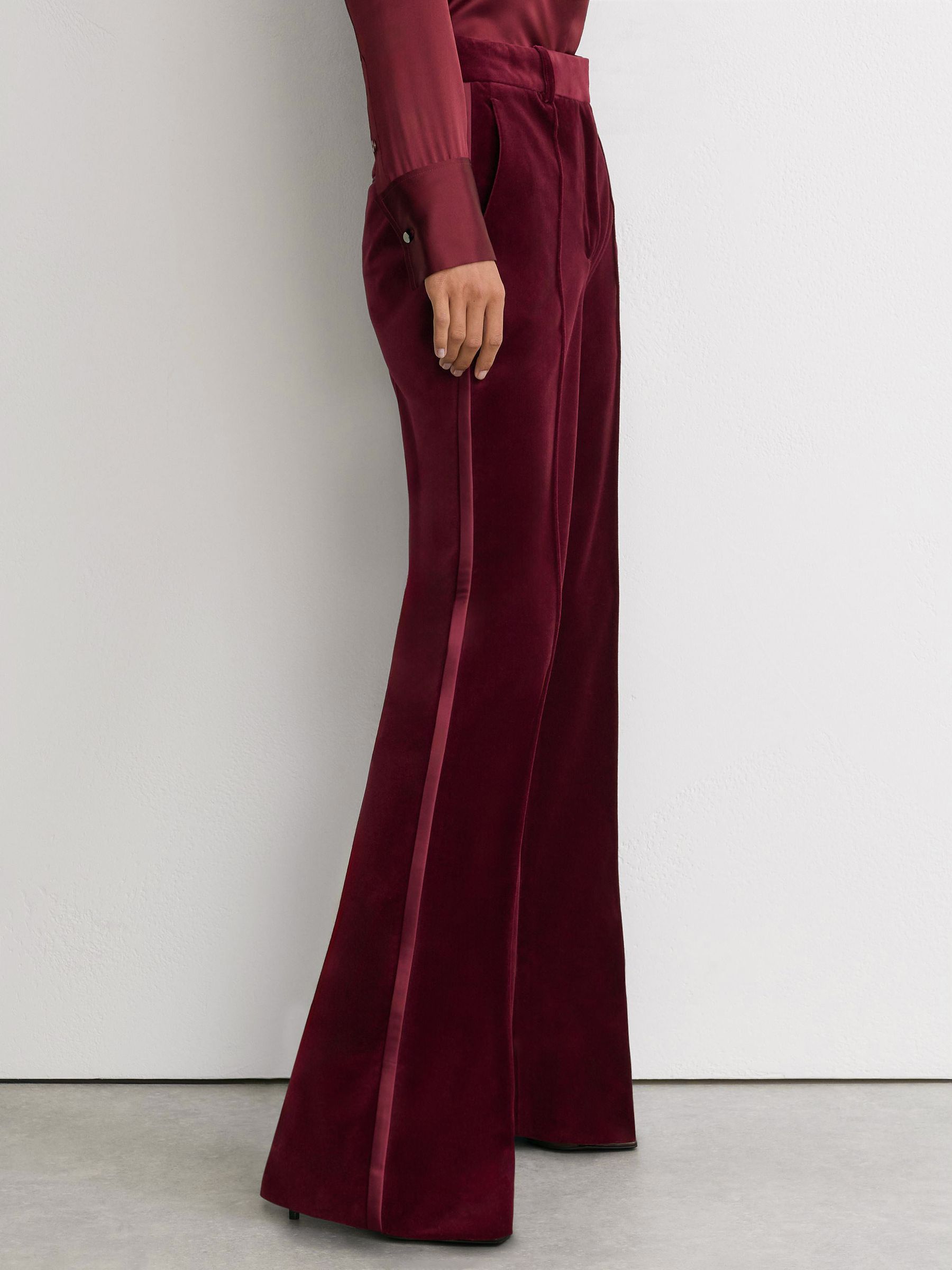 Tall Velvet Flared Tuxedo Trousers in Dark Red - Image 3 of 6