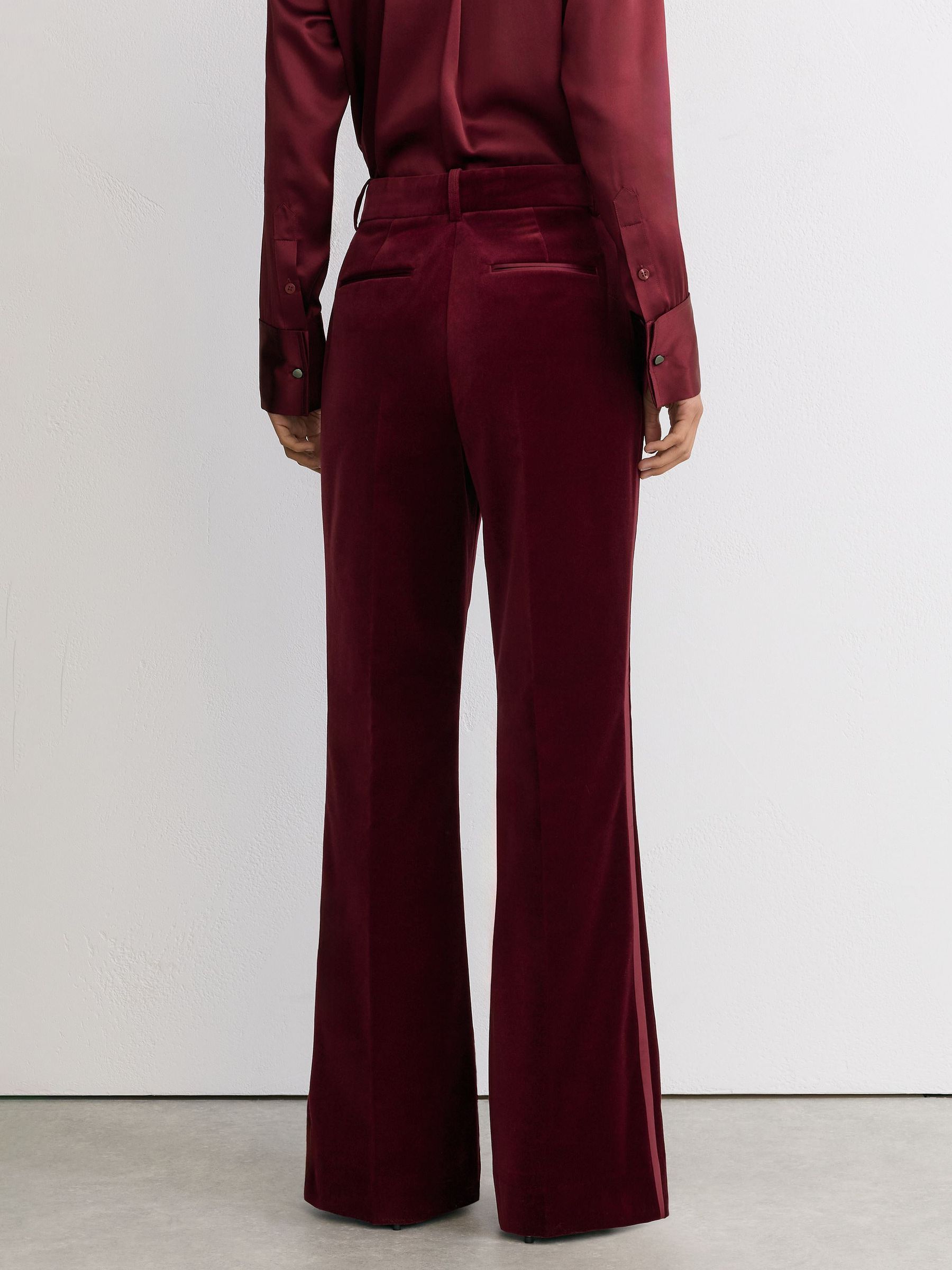 Tall Velvet Flared Tuxedo Trousers in Dark Red - Image 4 of 6