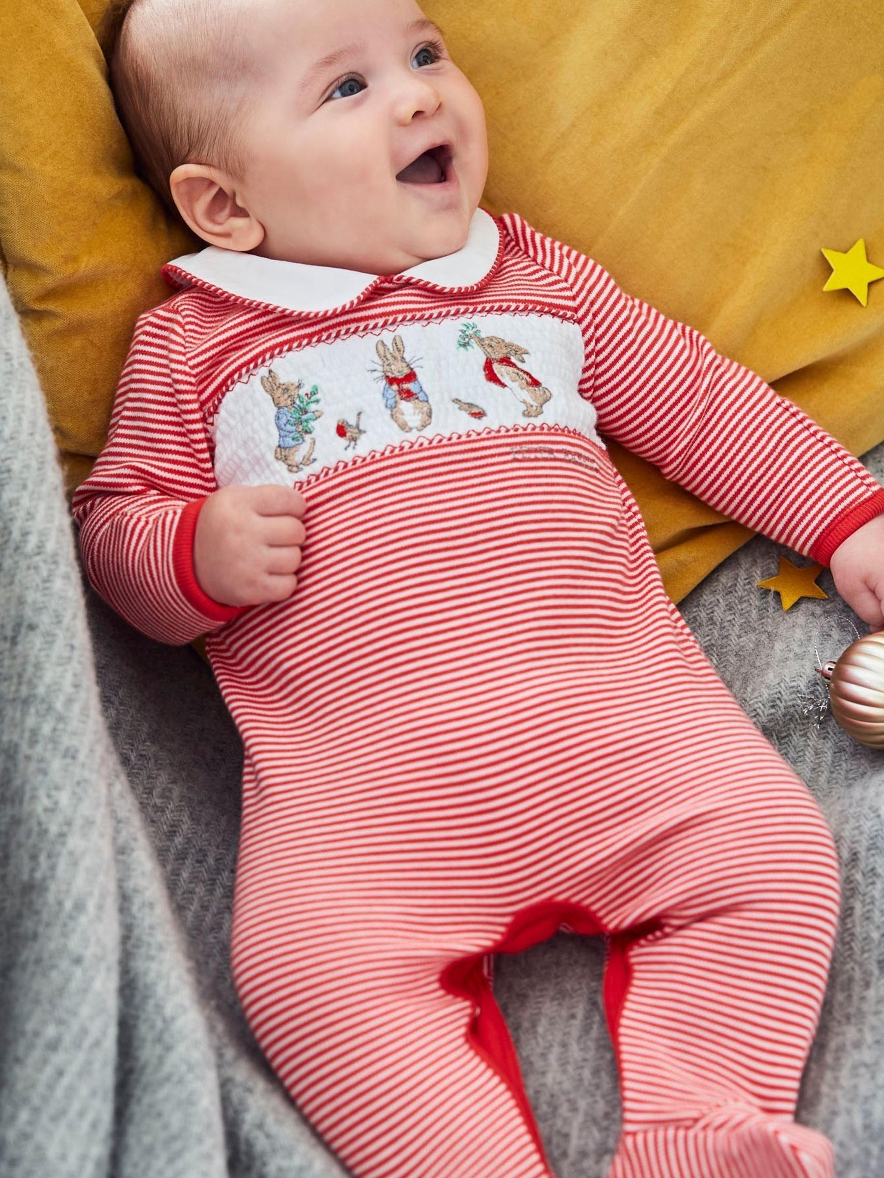 2-Piece Peter Rabbit Smocked Christmas Baby Sleepsuit & Hat Set in Red - Image 1 of 7