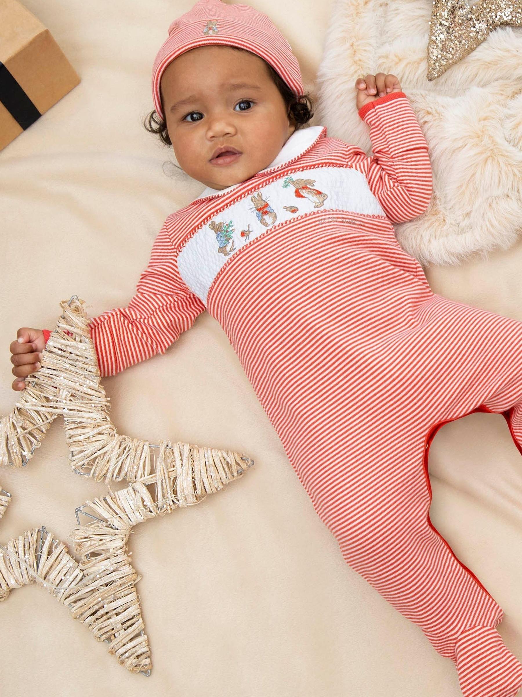2-Piece Peter Rabbit Smocked Christmas Baby Sleepsuit & Hat Set in Red - Image 2 of 7