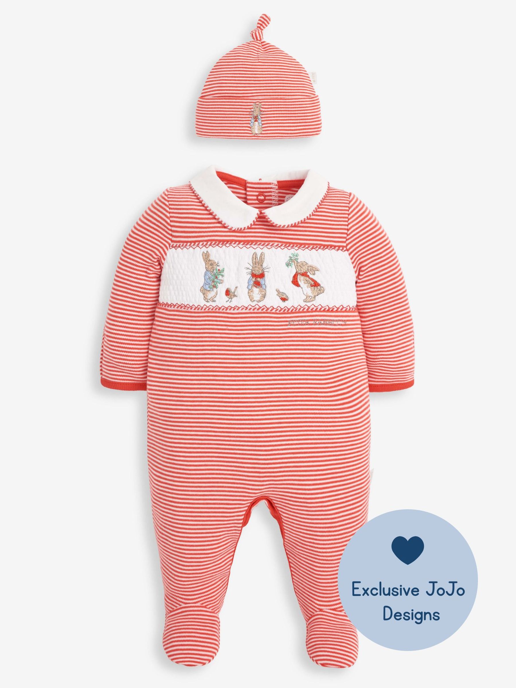 2-Piece Peter Rabbit Smocked Christmas Baby Sleepsuit & Hat Set in Red - Image 4 of 7