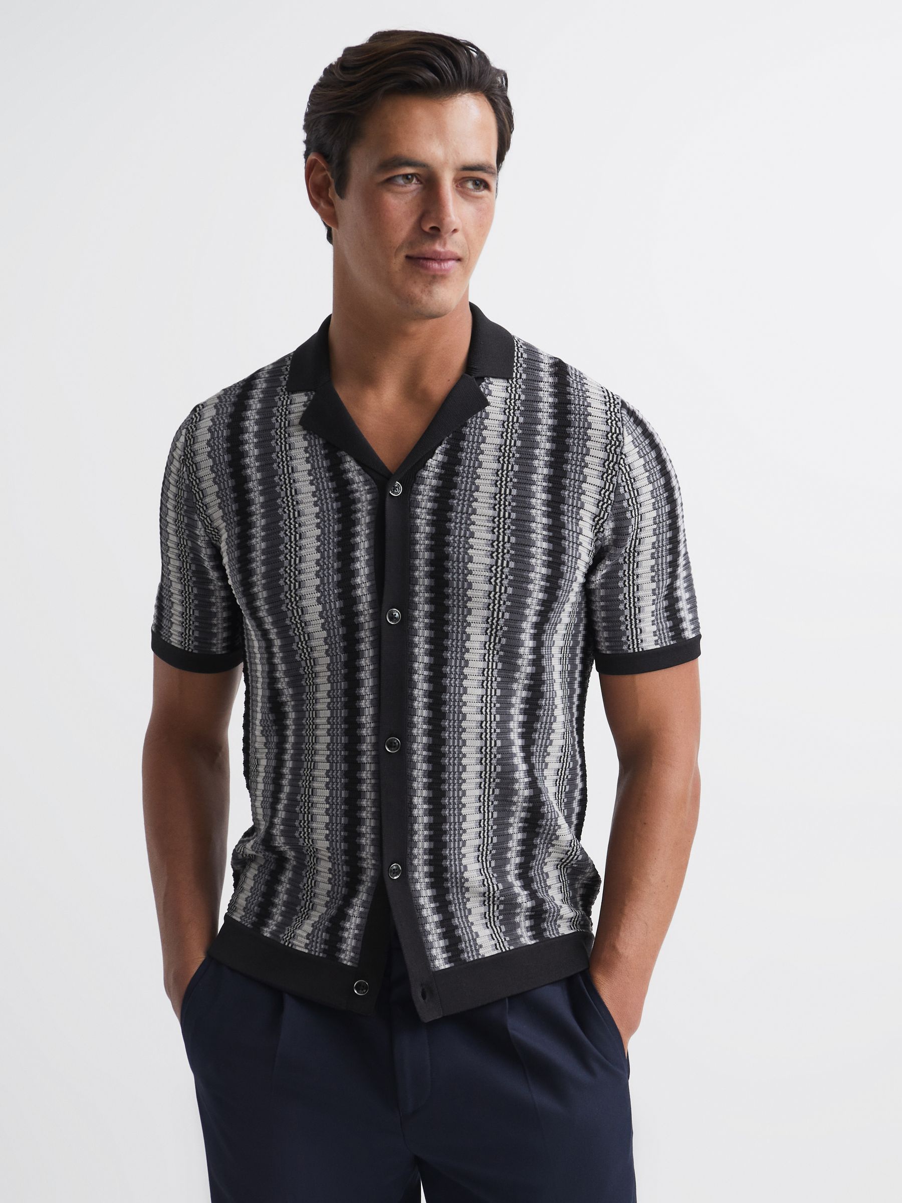Cuban Collar Striped Button-Through Shirt in Anthracite Grey - Image 1 of 6