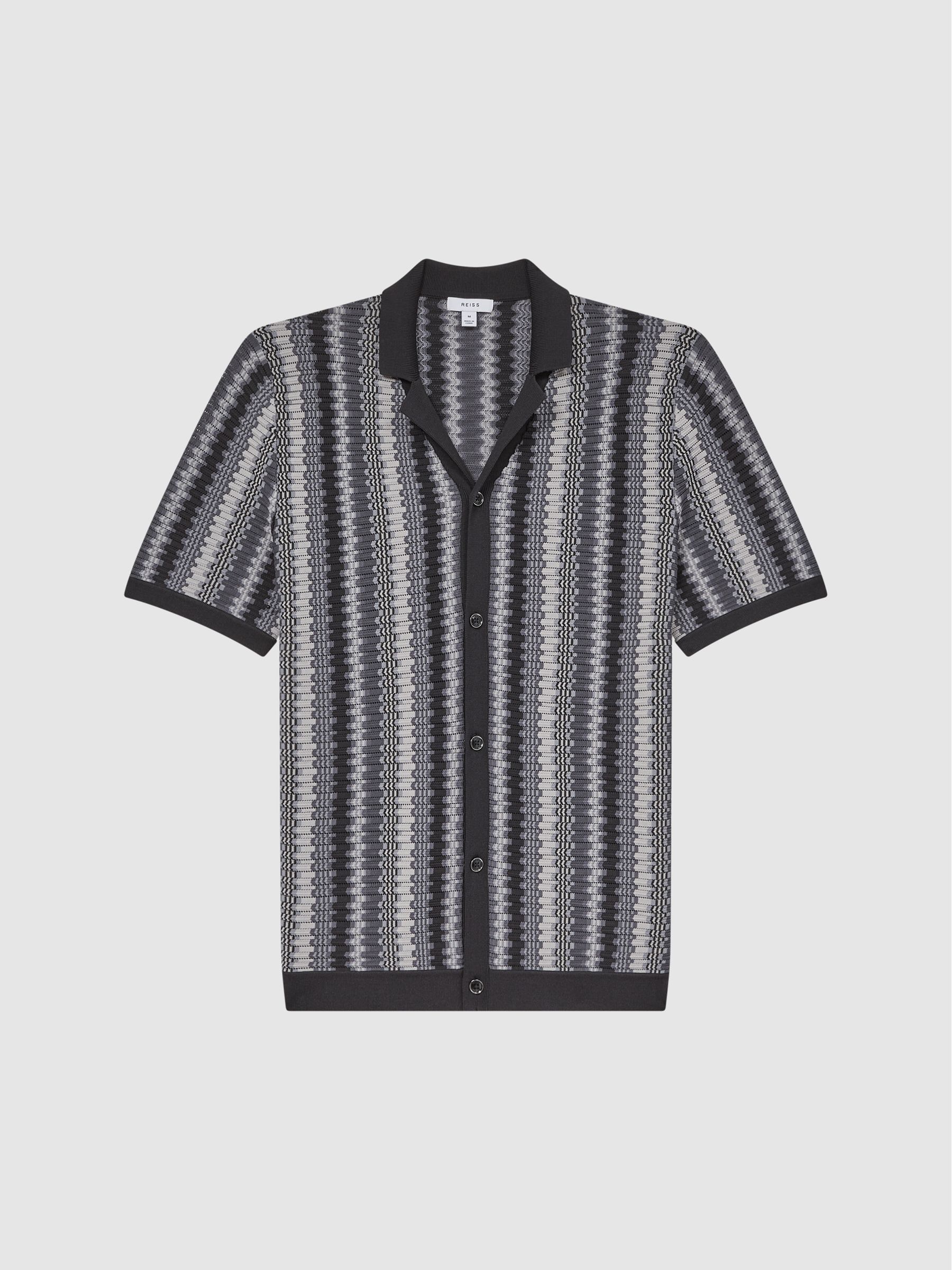 Cuban Collar Striped Button-Through Shirt in Anthracite Grey - Image 2 of 6