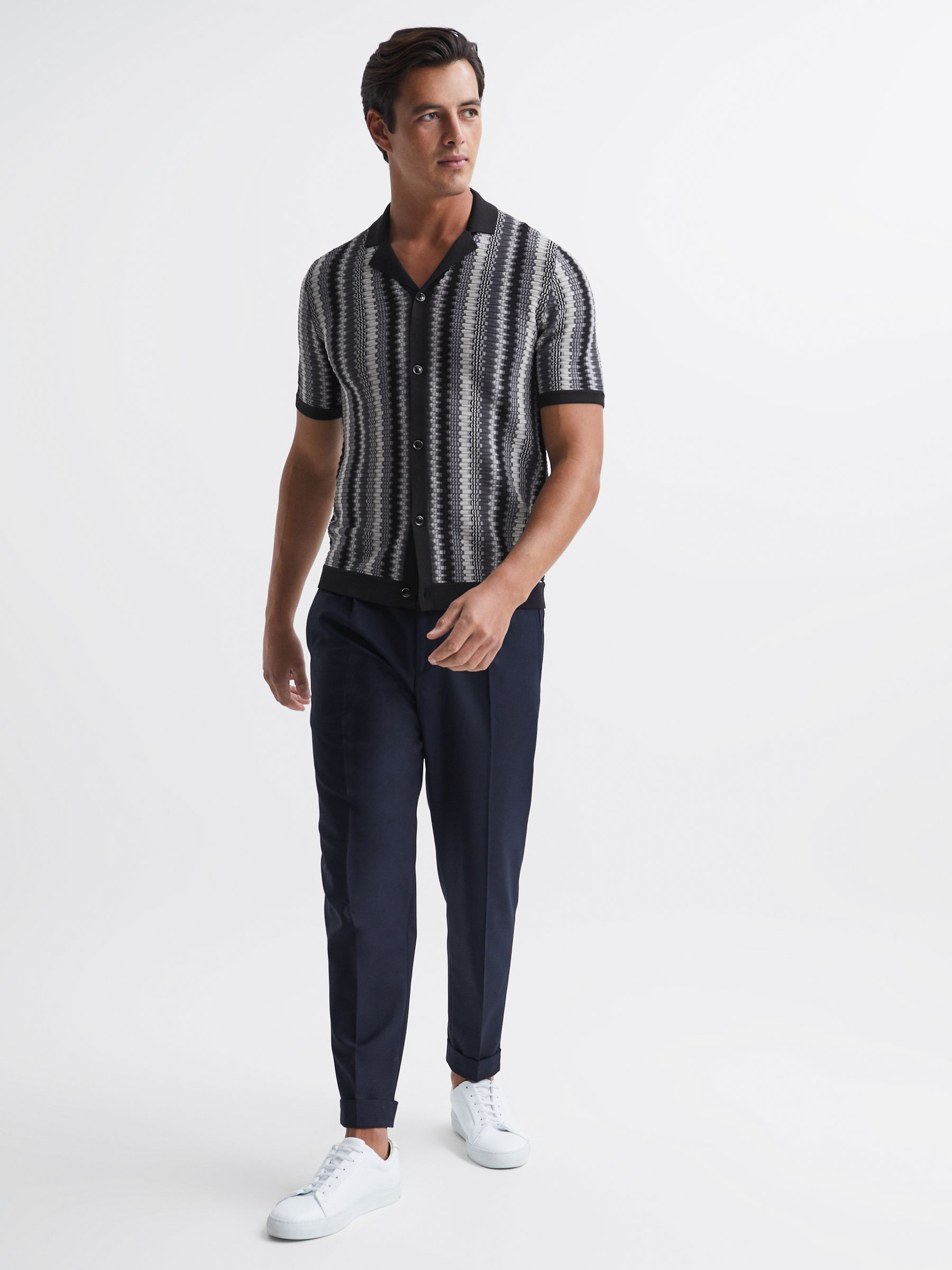 Cuban Collar Striped Button-Through Shirt in Anthracite Grey - Image 3 of 6