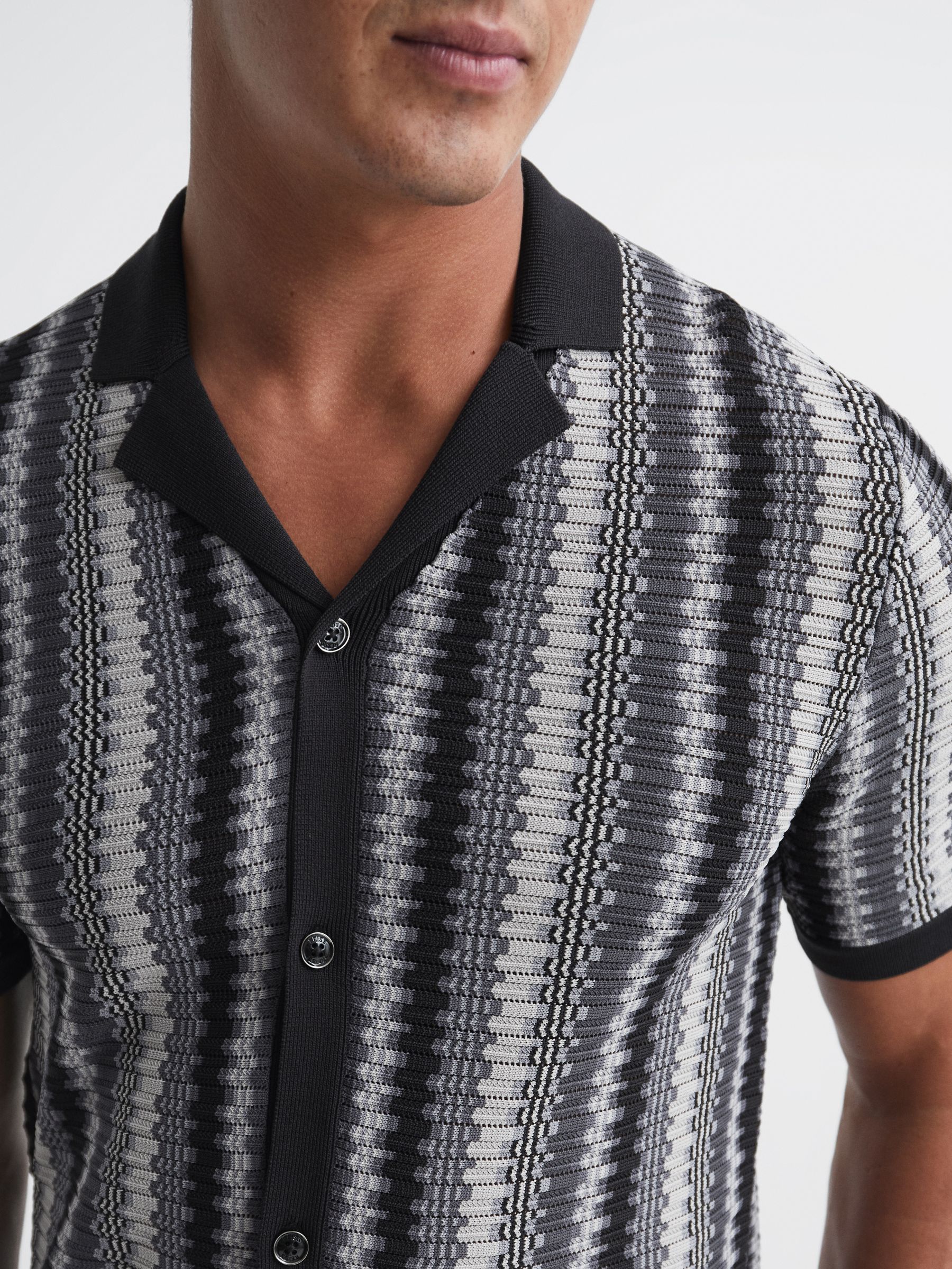 Cuban Collar Striped Button-Through Shirt in Anthracite Grey - Image 4 of 6