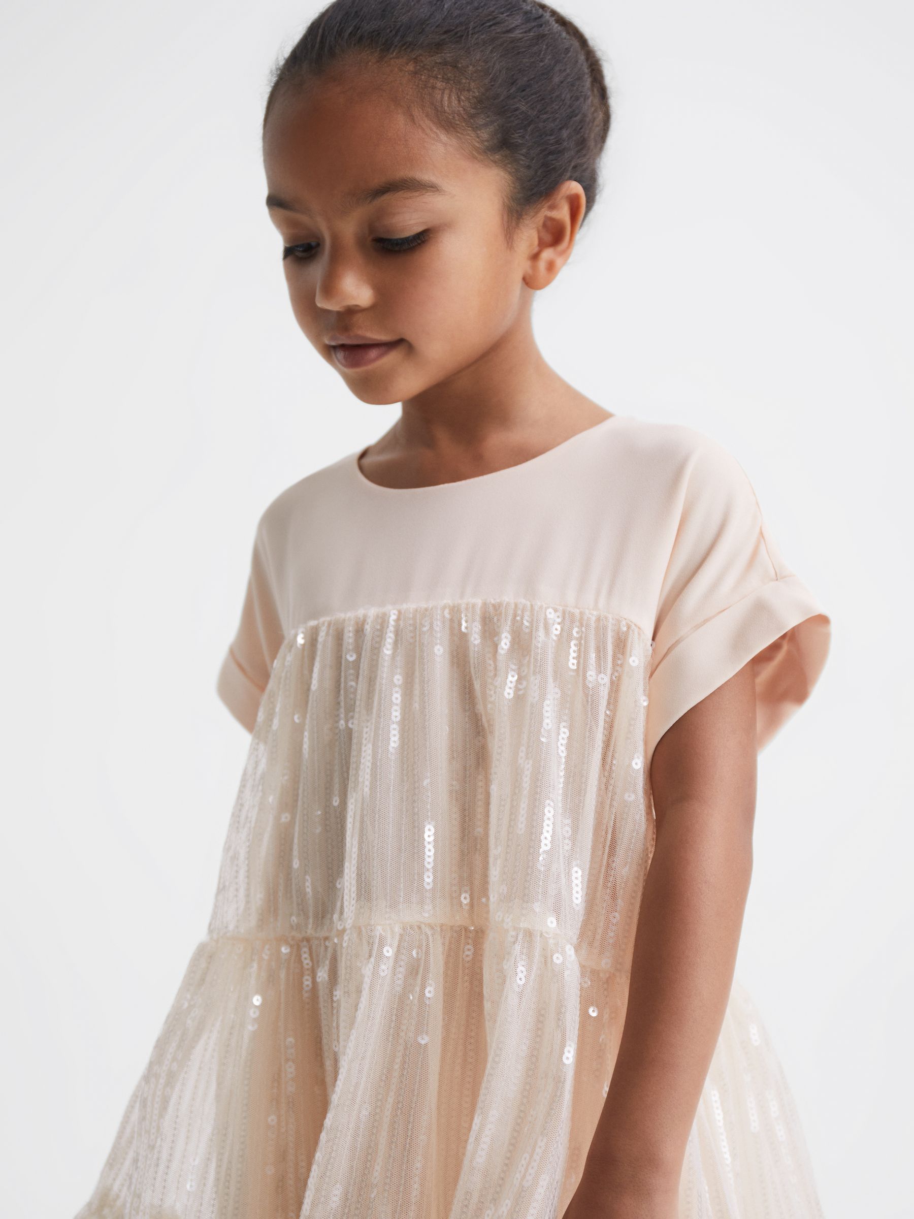9-12 yrs Sequin Tiered Dress in Pale Pink - Image 4 of 6