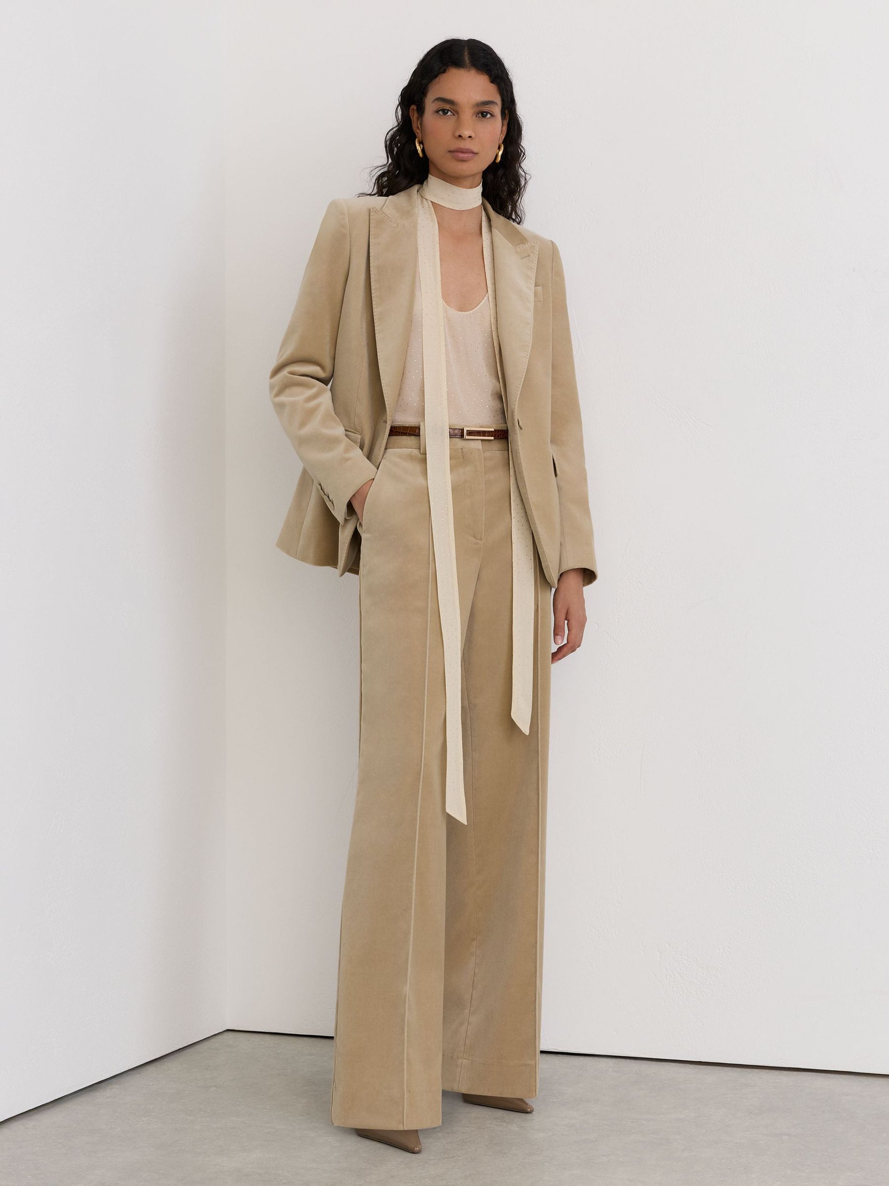 Petite Velvet Flared Pintuck Suit Trousers in Blonde Neutral - Image 8 of 10