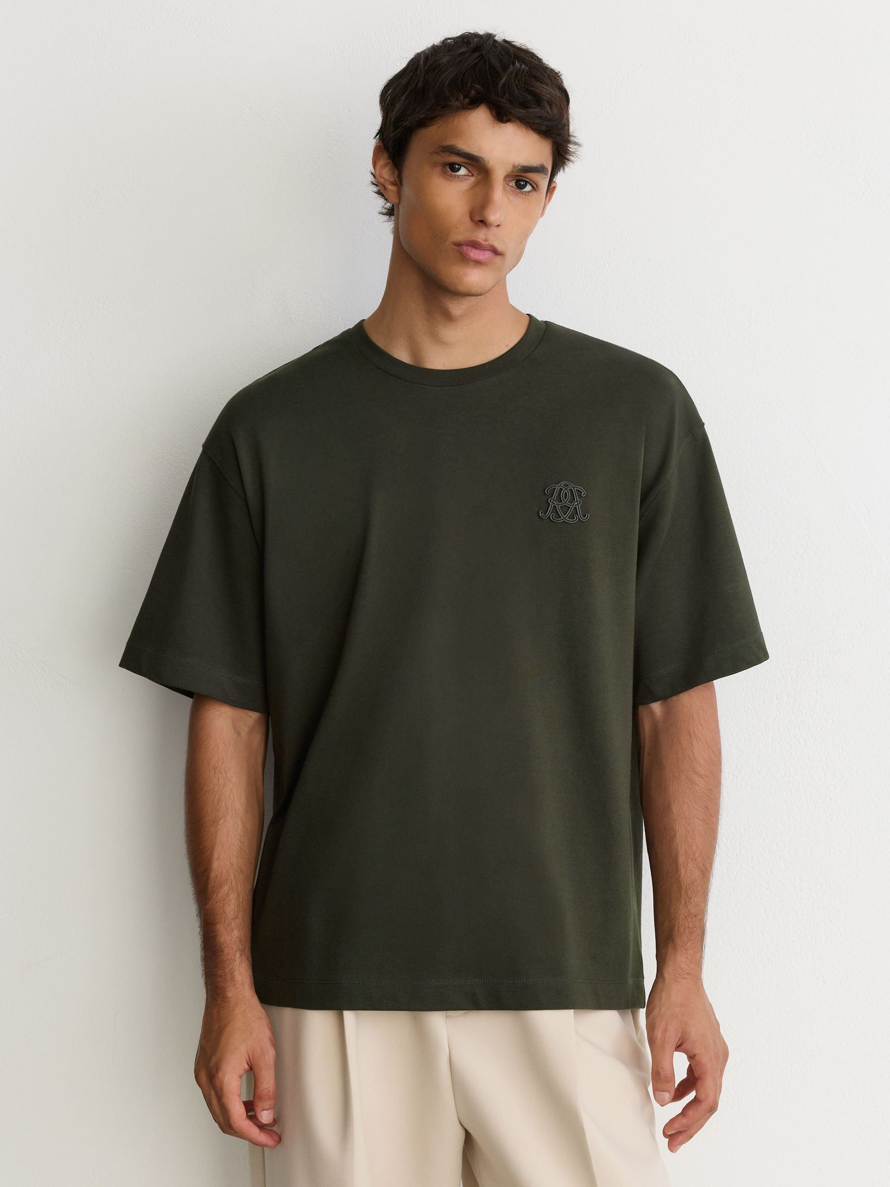 Monogram Motif Cotton Relaxed-Fit T-Shirt in Dark Green - Image 1 of 6