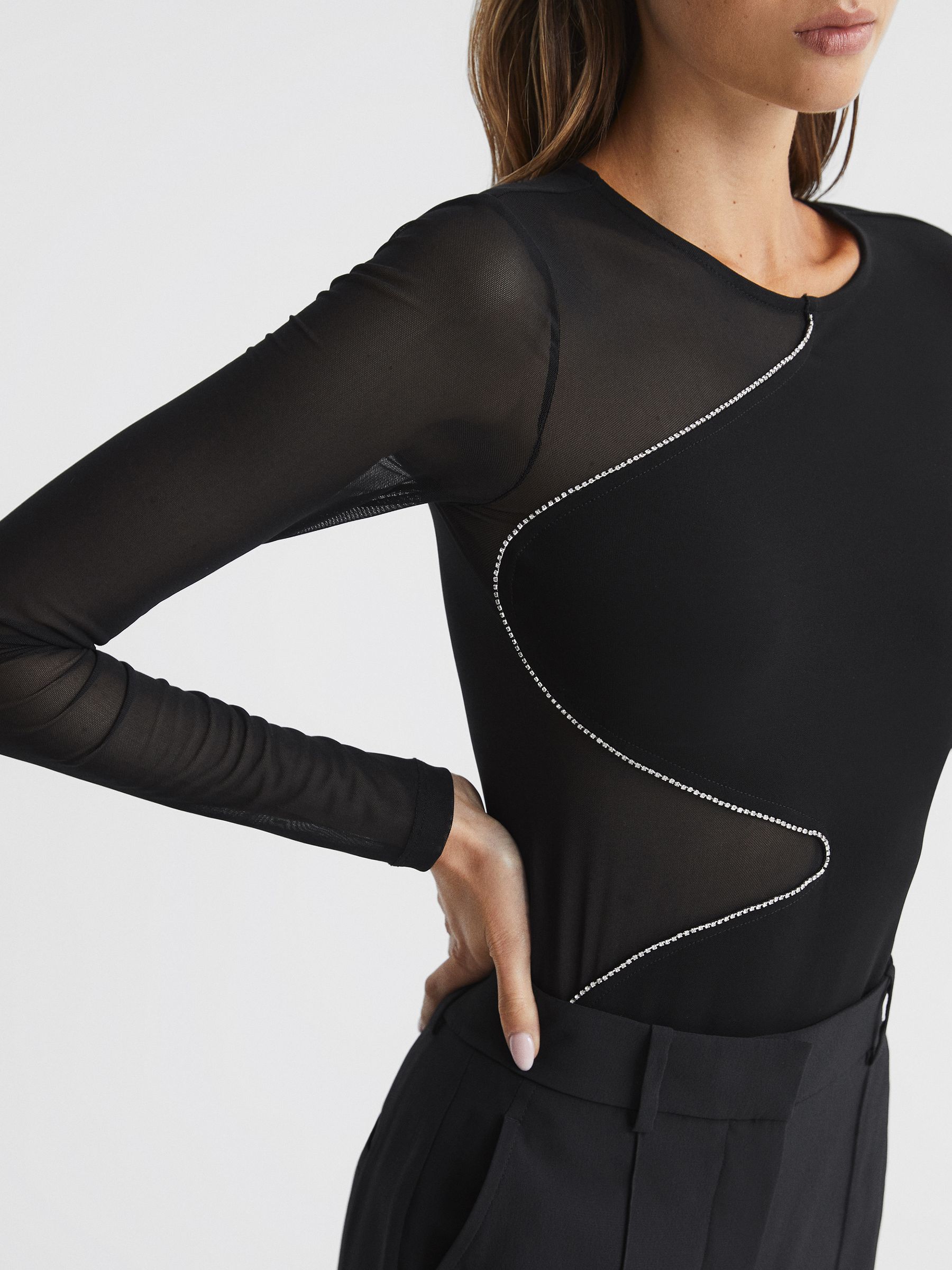 Mesh Diamanté Detail Bodysuit in Black - Image 4 of 7