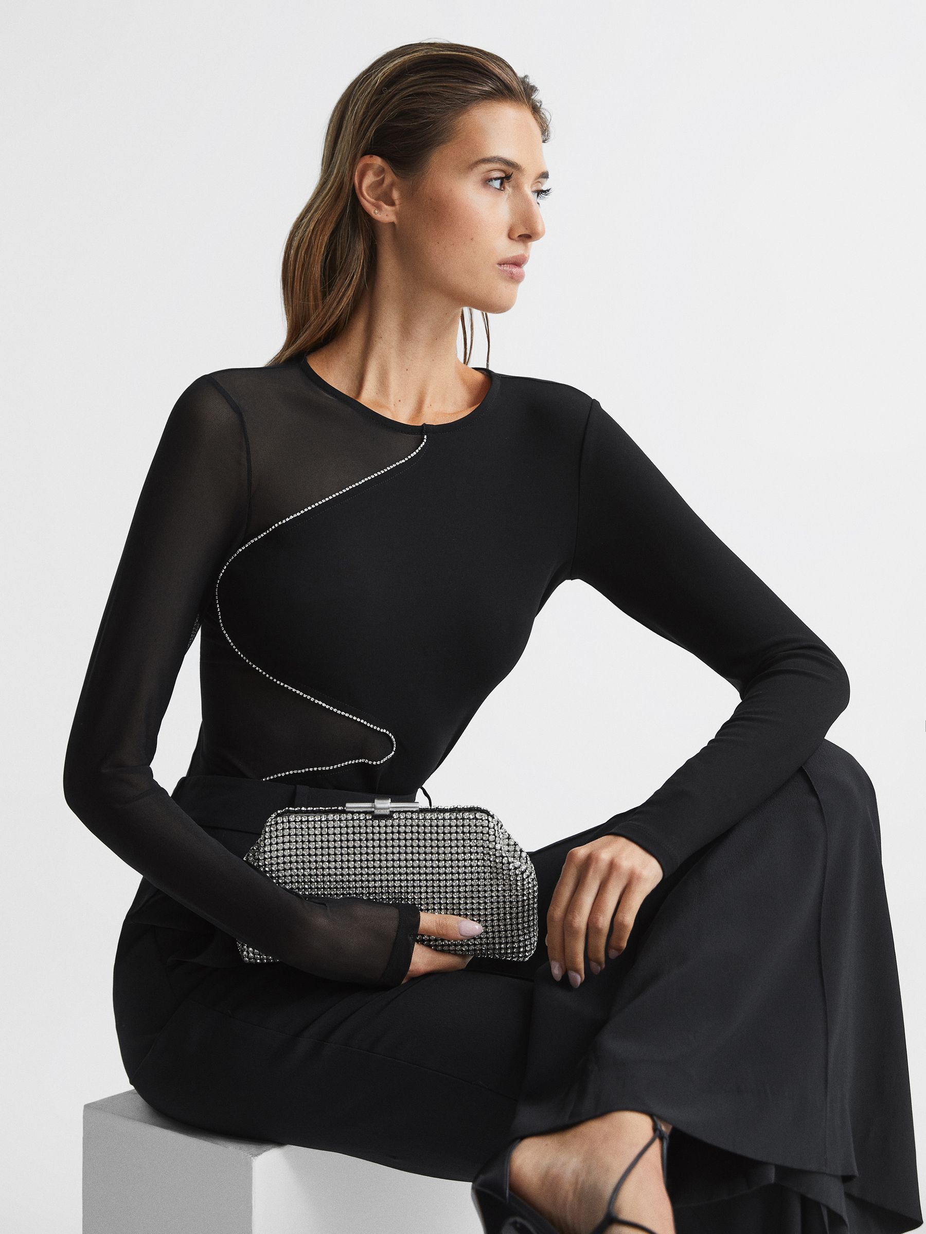 Mesh Diamanté Detail Bodysuit in Black - Image 7 of 7