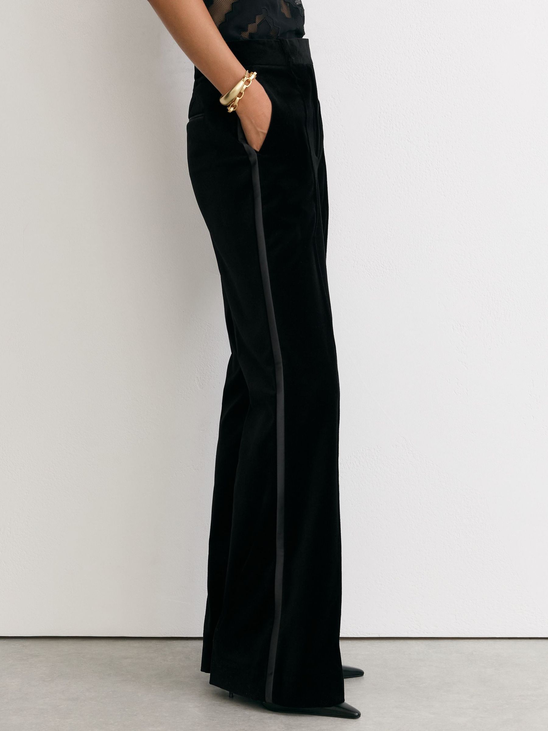Tall Velvet Flared Tuxedo Trousers in Black - Image 4 of 10