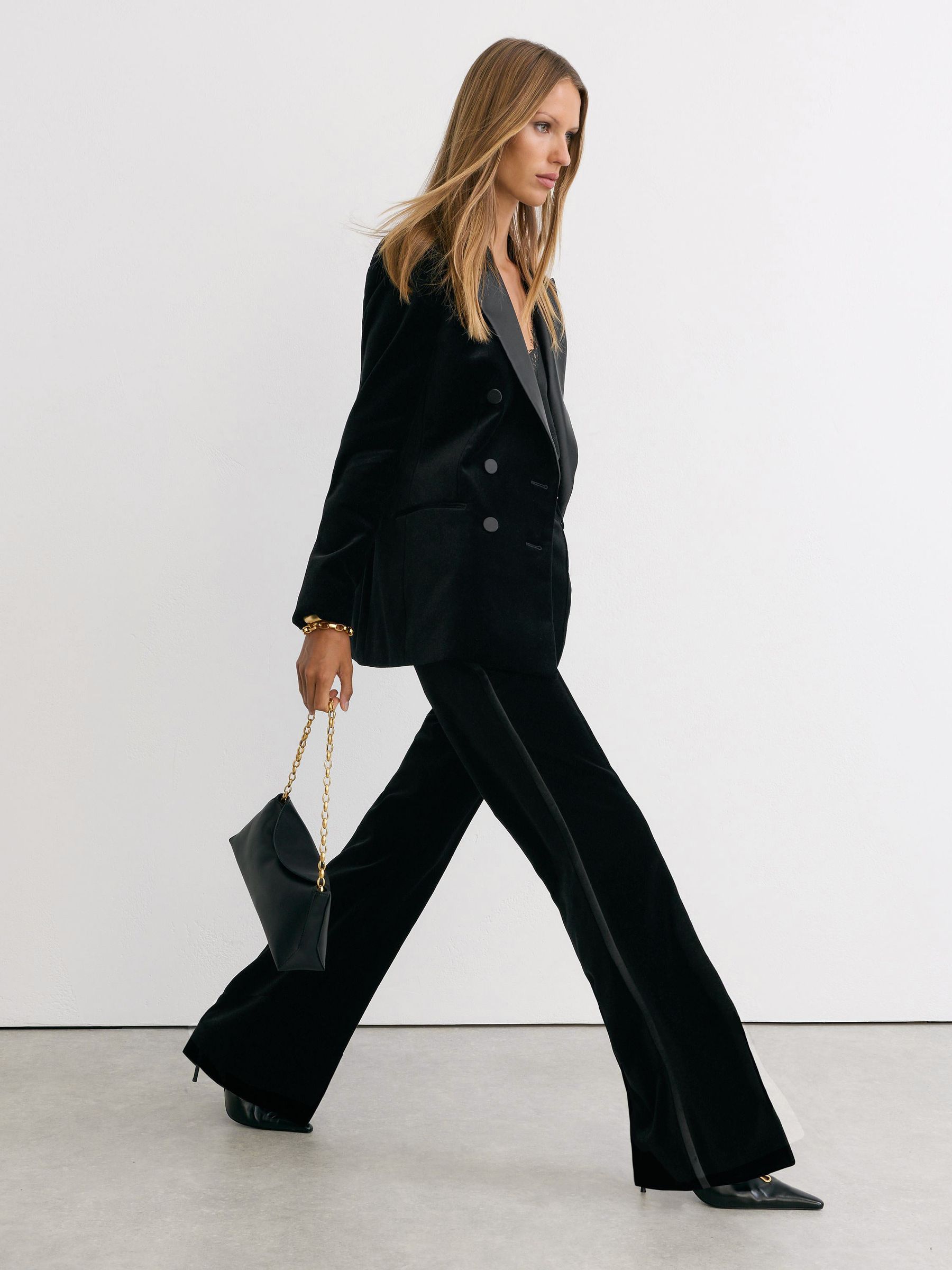 Tall Velvet Flared Tuxedo Trousers in Black - Image 5 of 10