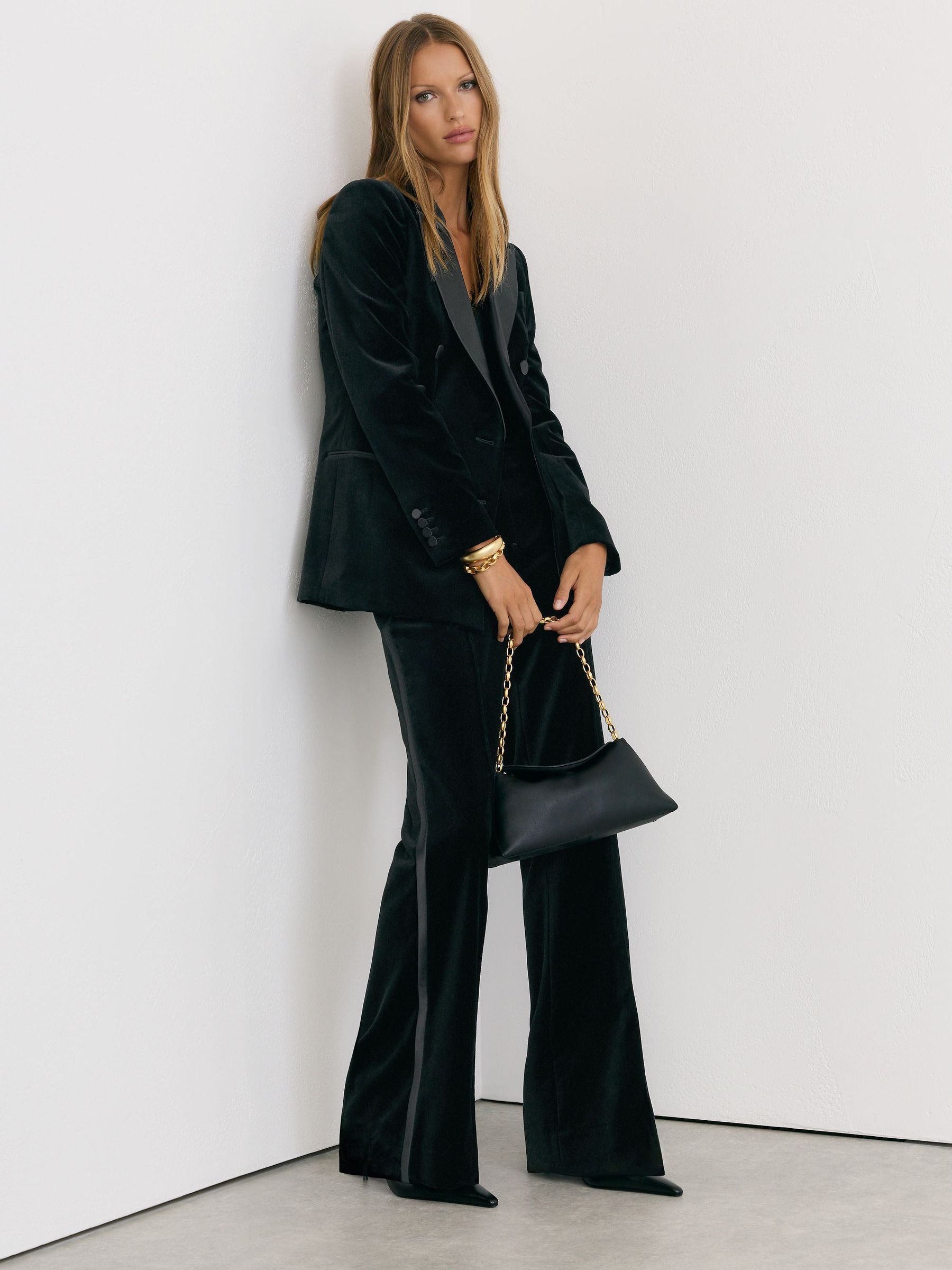 Tall Velvet Flared Tuxedo Trousers in Black - Image 7 of 10