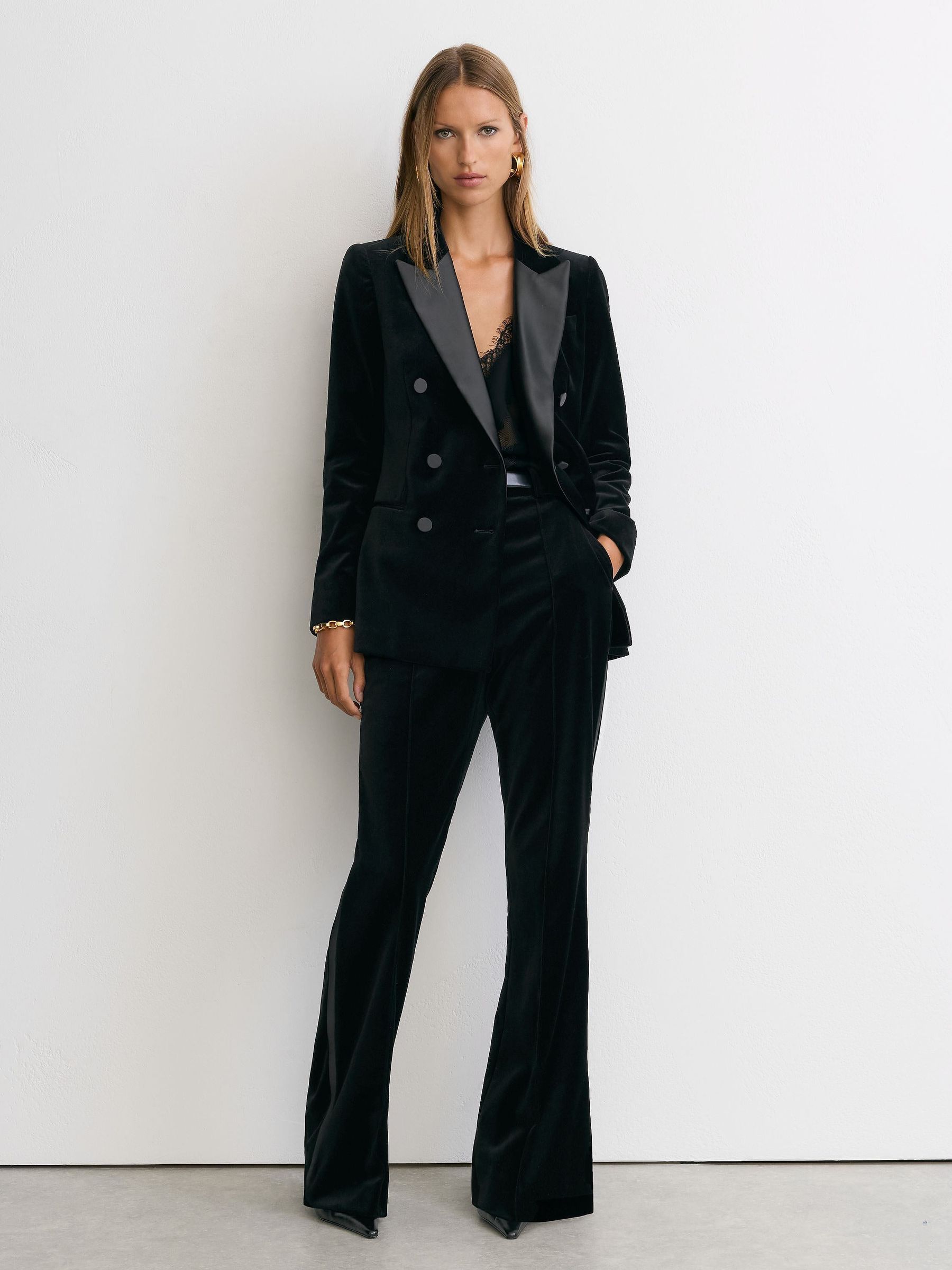Tall Velvet Double-Breasted Tuxedo Blazer in Black - Image 4 of 10