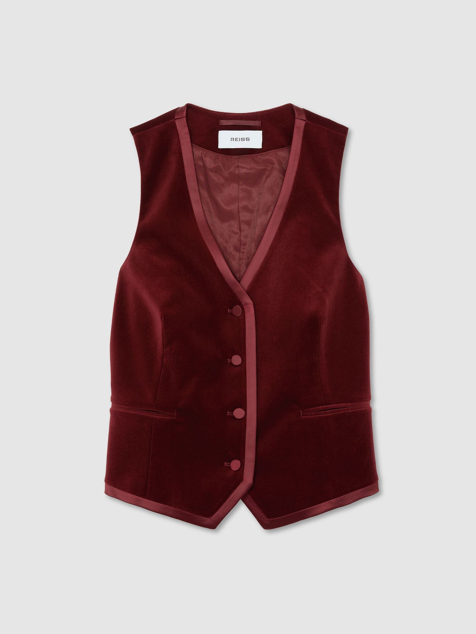 Velvet Satin-Trim Tailored Waistcoat in Dark Red - صورة 2 من 7