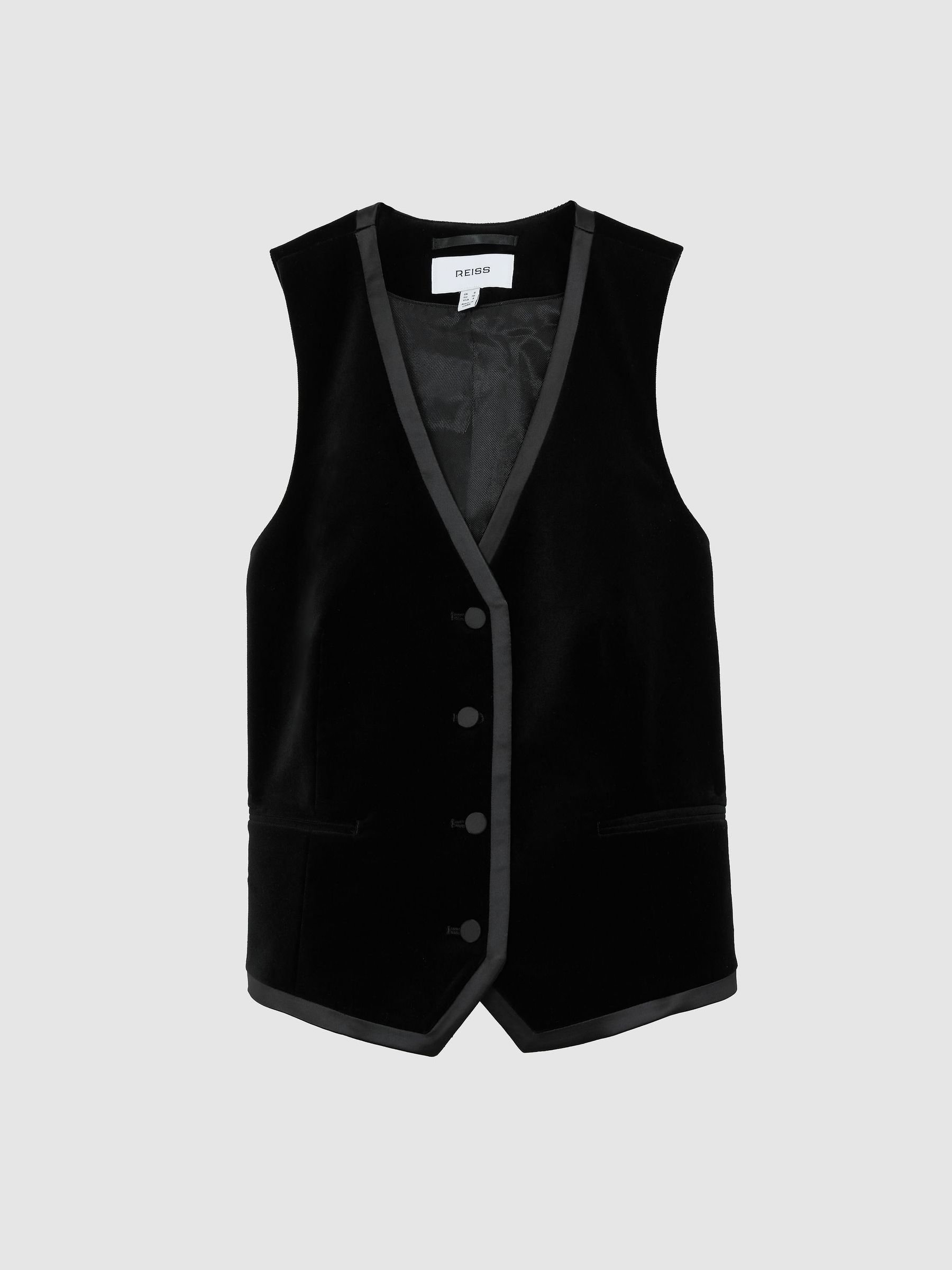 Velvet Satin-Trim Tailored Waistcoat in Black - صورة 2 من 8