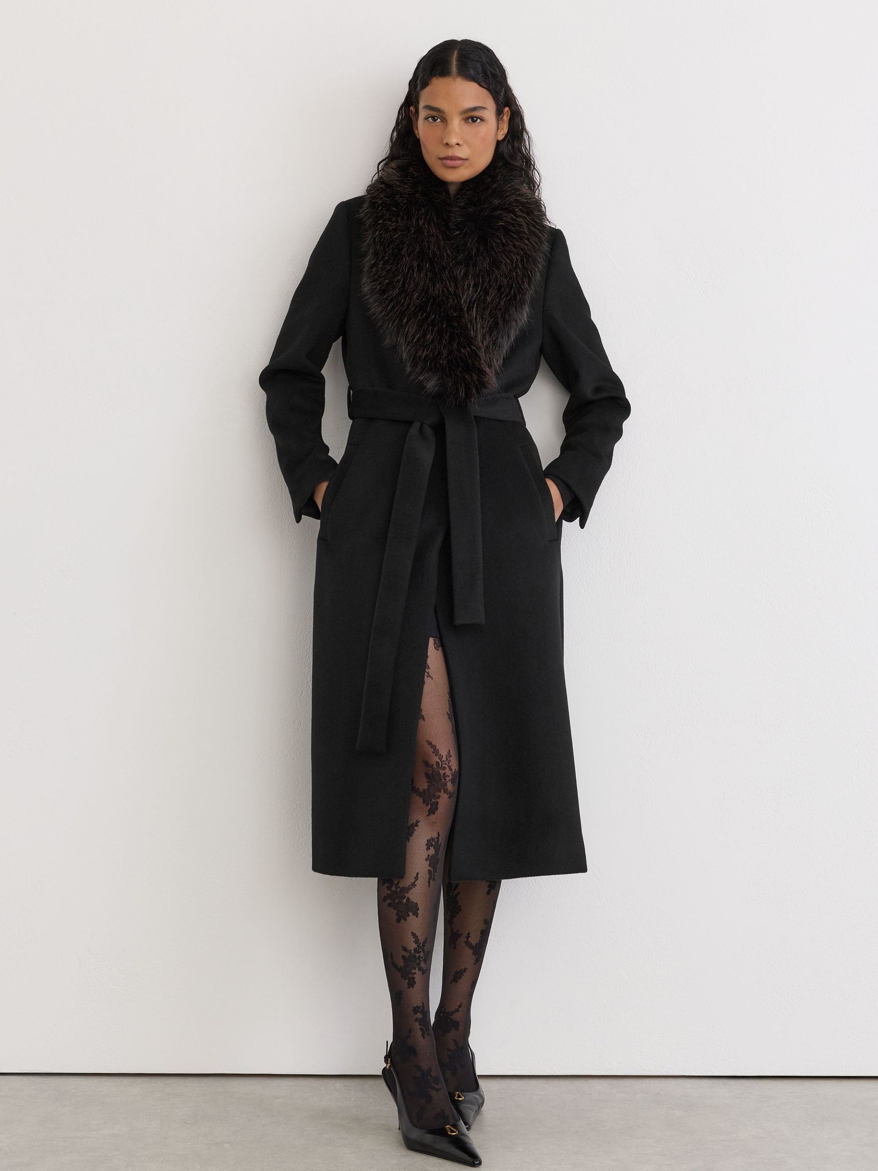 Petite Wool-Blend Faux Fur-Collar Belted Coat in Black - Image 1 of 9 Petite Wool-Blend Faux Fur-Collar Belted Coat in Black - Image 1 of 9