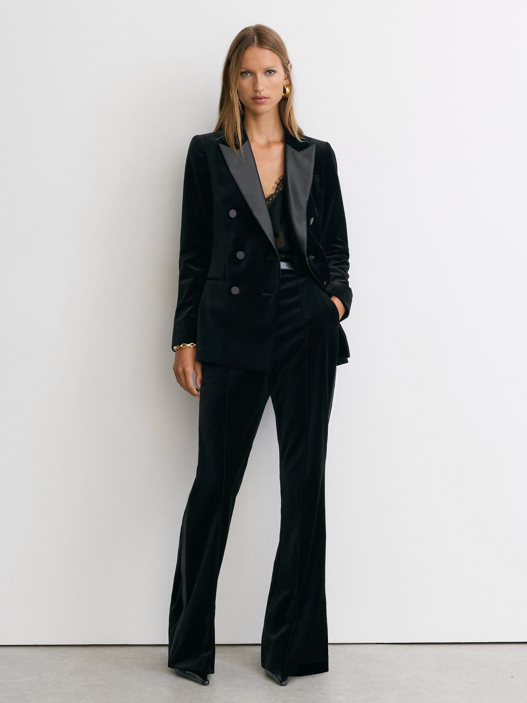 Petite Velvet Double-Breasted Tuxedo Blazer in Black - Image 1 of 9