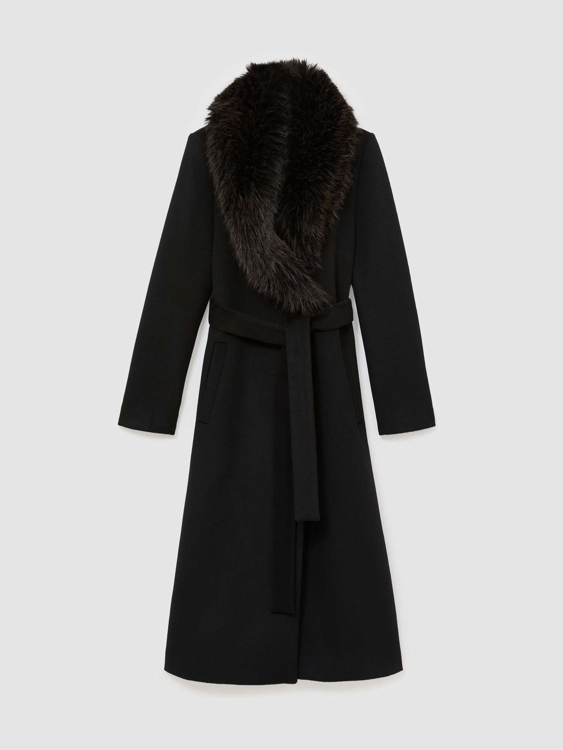 Manteau ceinturé en laine mélangée à col en fausse fourrure noir - Image 2 de 8