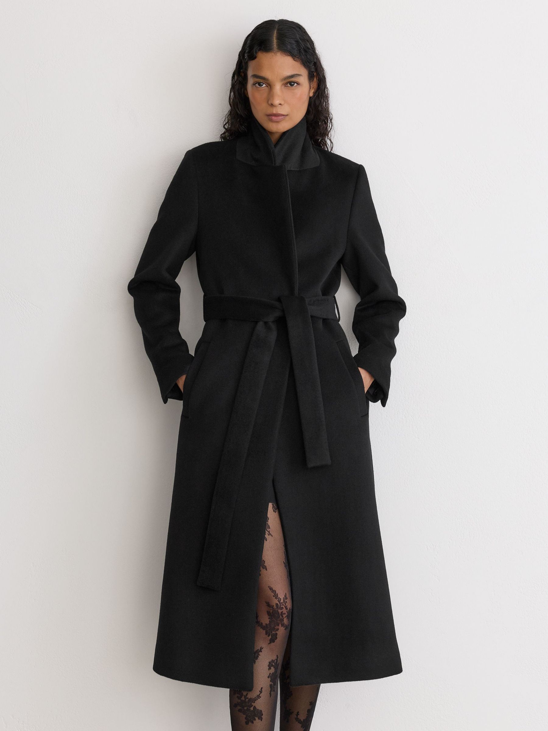 Manteau ceinturé en laine mélangée à col en fausse fourrure noir - Image 3 de 8