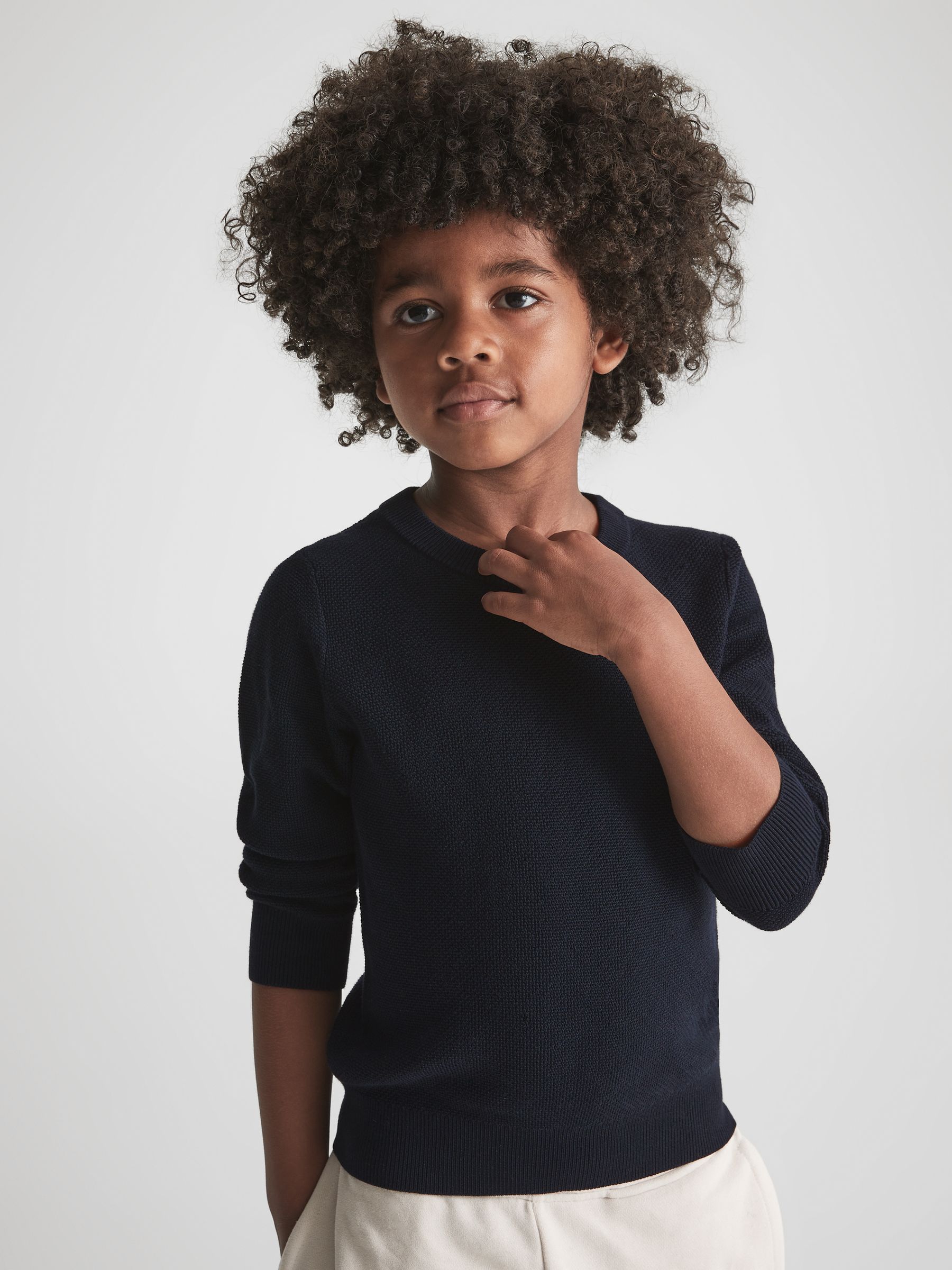 Junior Stitch Interest Crew Neck Jumper in Navy - Image 4 of 6