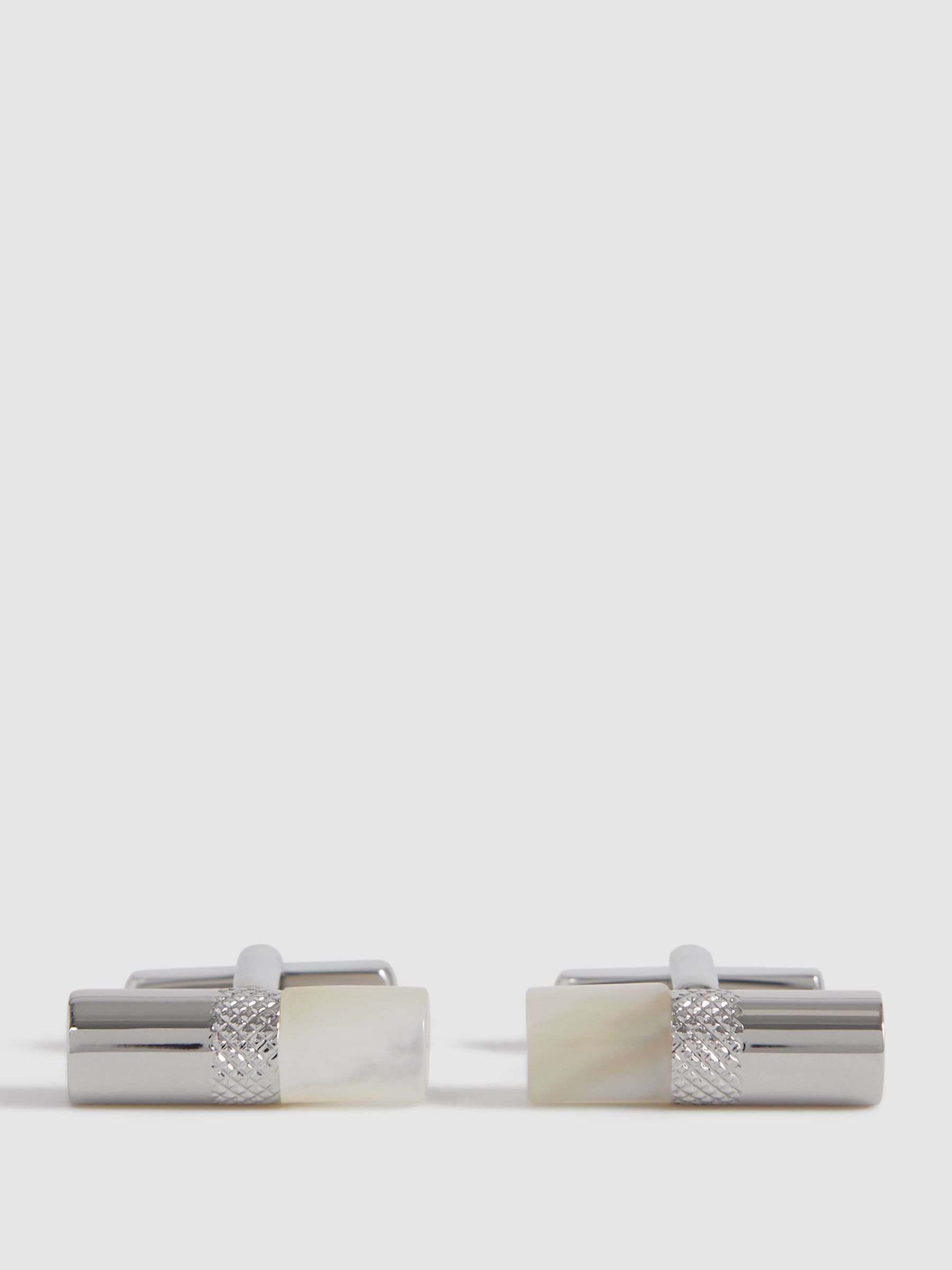Stone Insert Barrel Cufflinks in Silver/Mop - Image 1 of 5