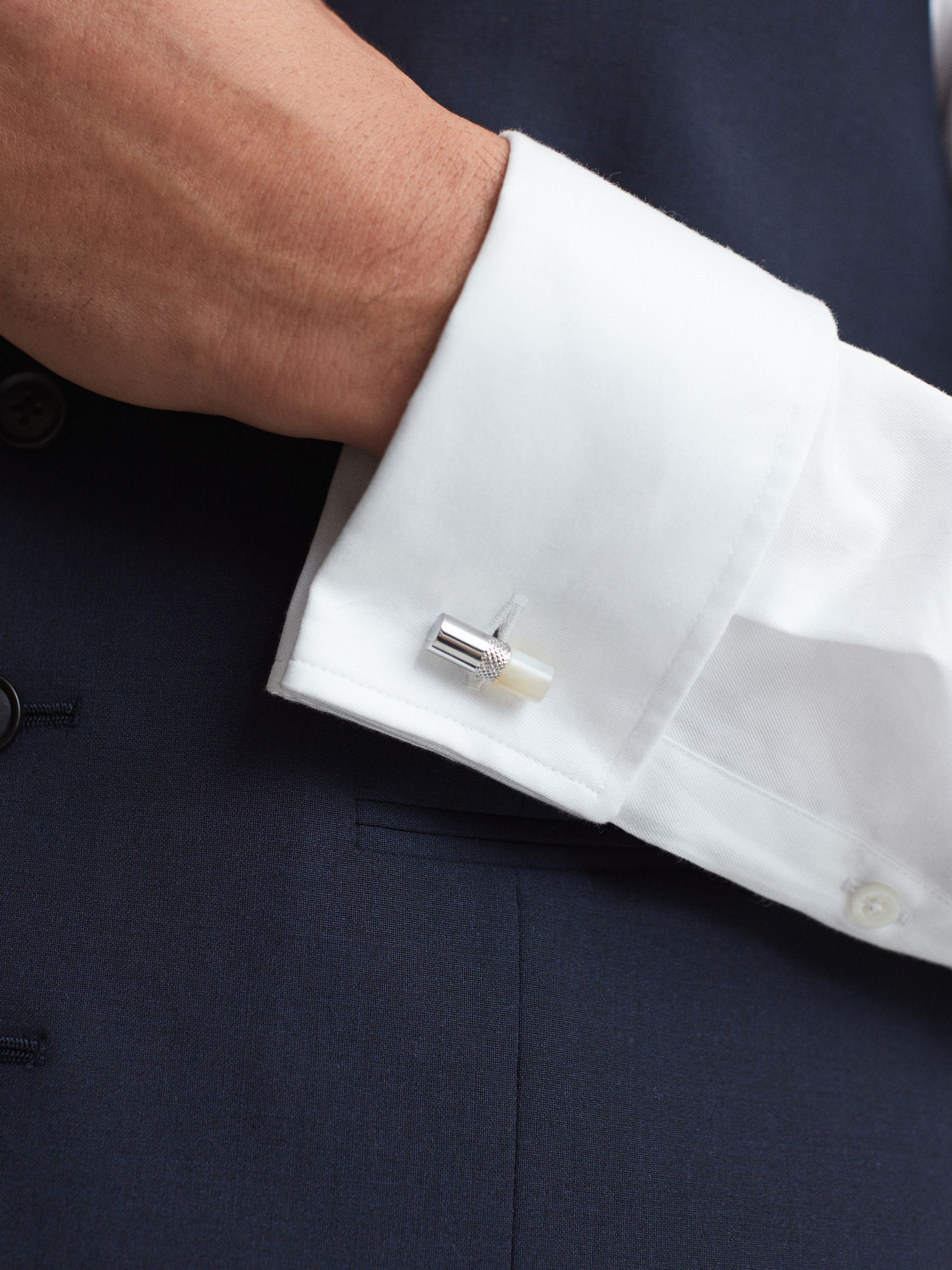 Stone Insert Barrel Cufflinks in Silver/Mop - Image 2 of 5