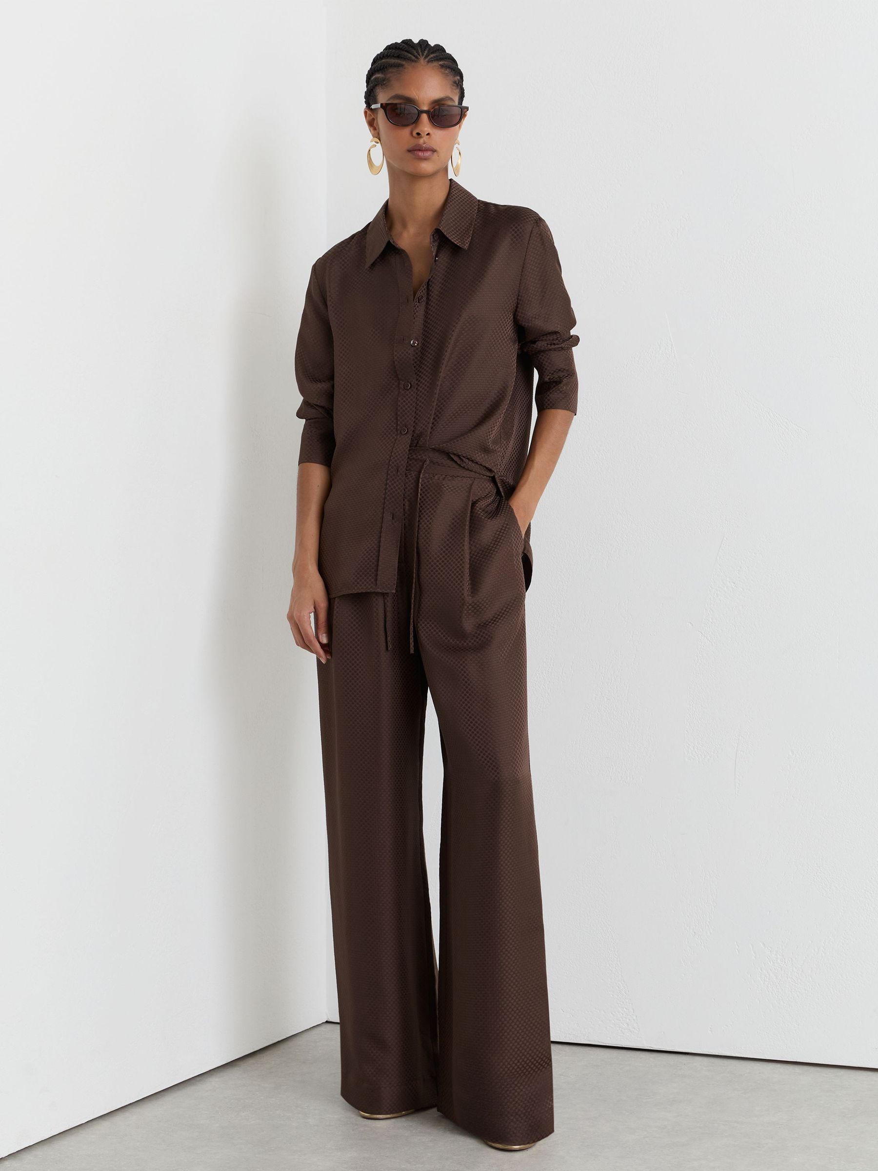 Silk Jacquard Wide-Leg Trousers in Mocha Brown - Image 1 of 8