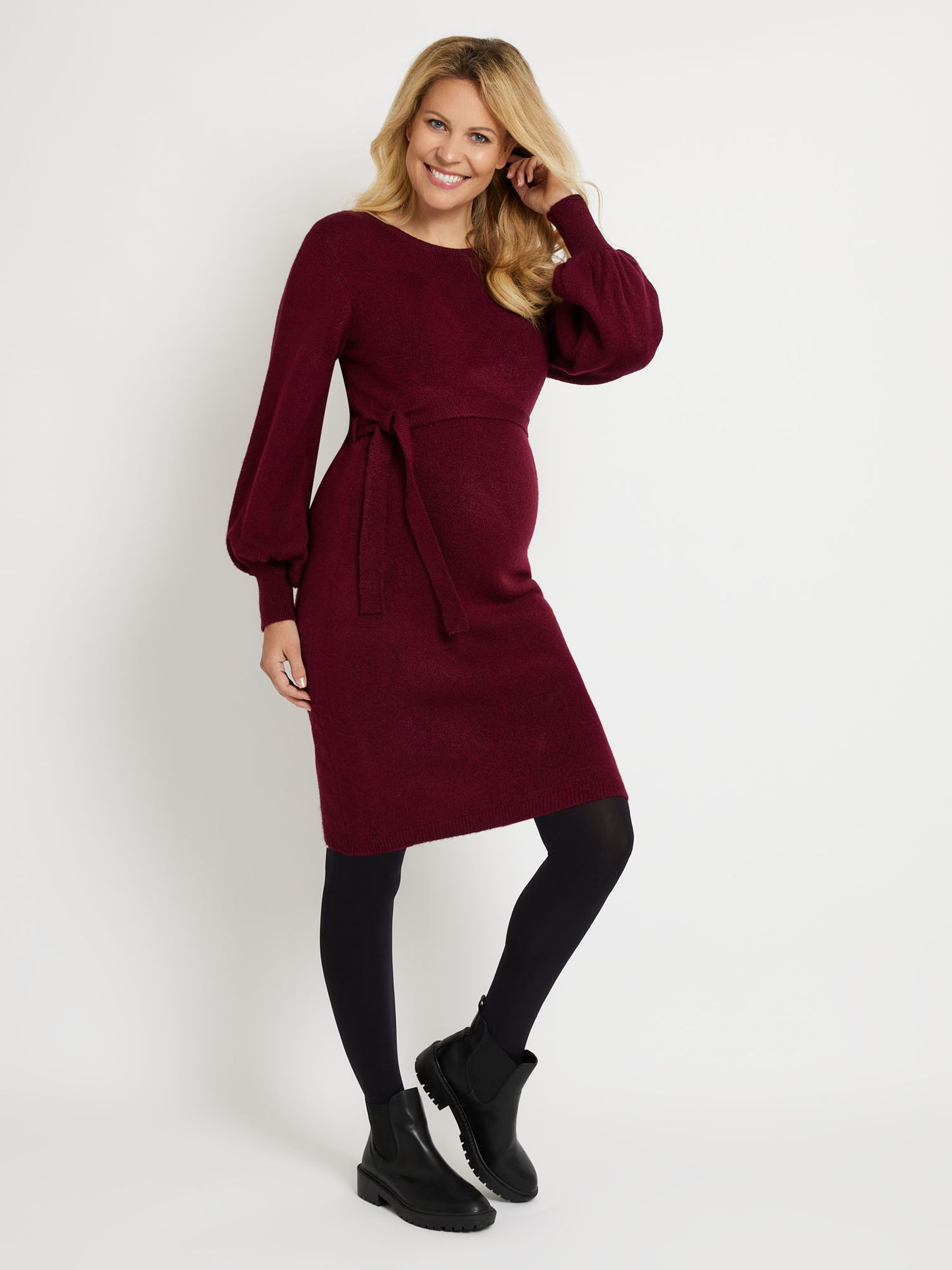 Burgundy Red Blouson Sleeve Knitted Maternity Dress - Image 4 of 5