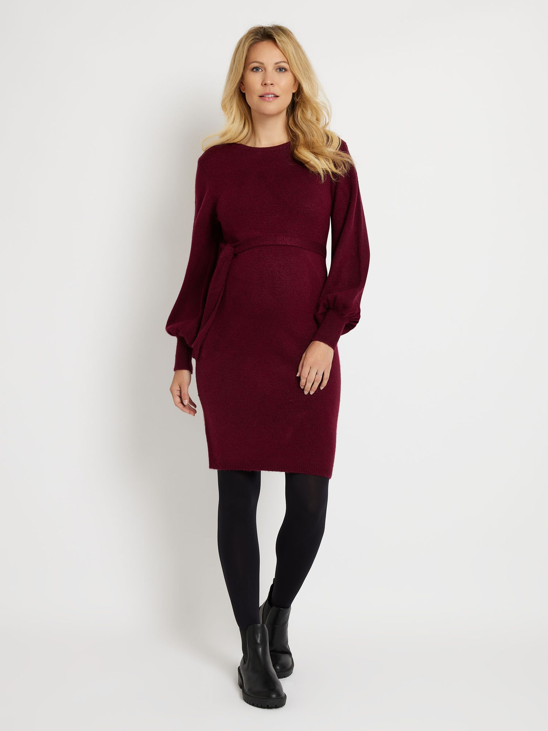 Burgundy Red Blouson Sleeve Knitted Maternity Dress - Image 5 of 5