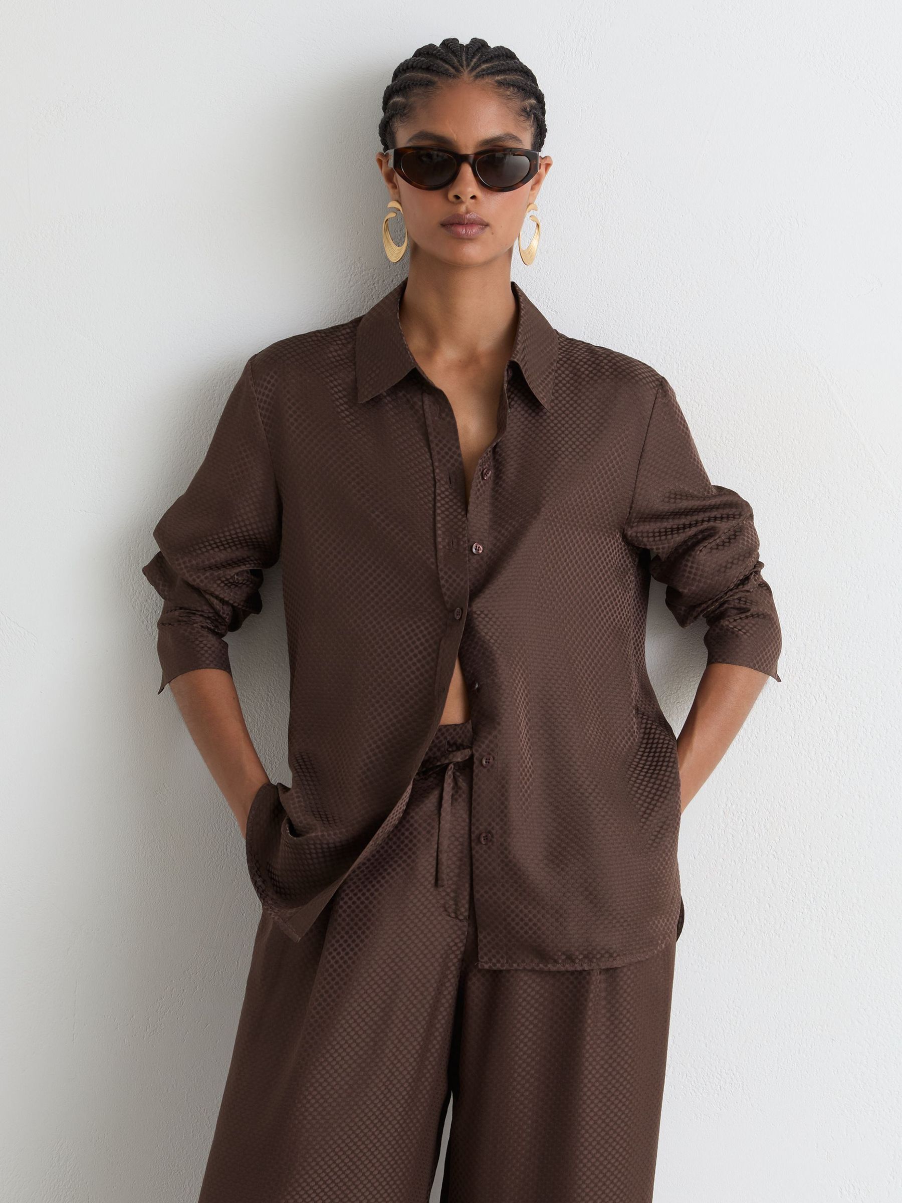 Silk Jacquard Long-Sleeve Shirt in Mocha Brown - Image 4 of 8