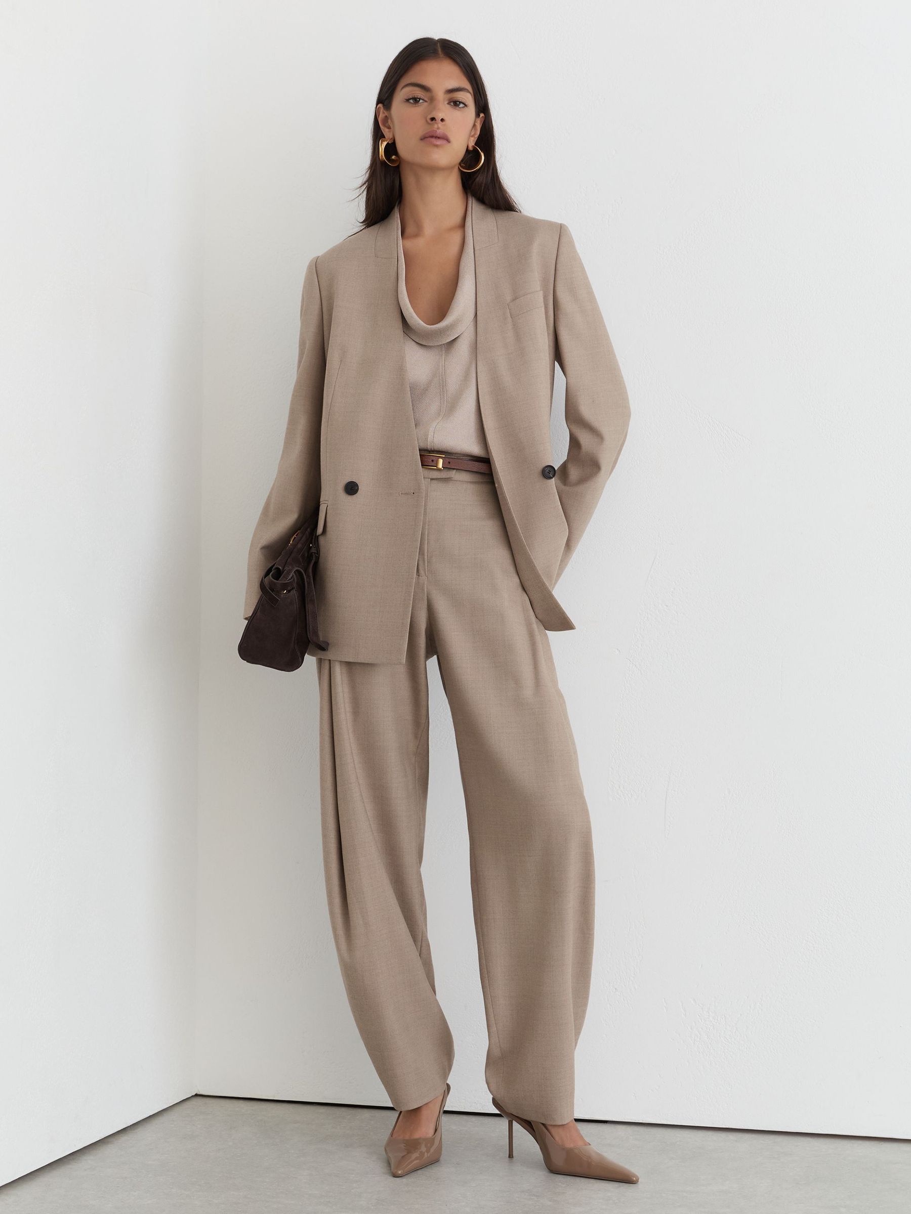 Petite Wool-Blend Barrel-Leg Suit Trousers in Neutral - Image 1 of 8