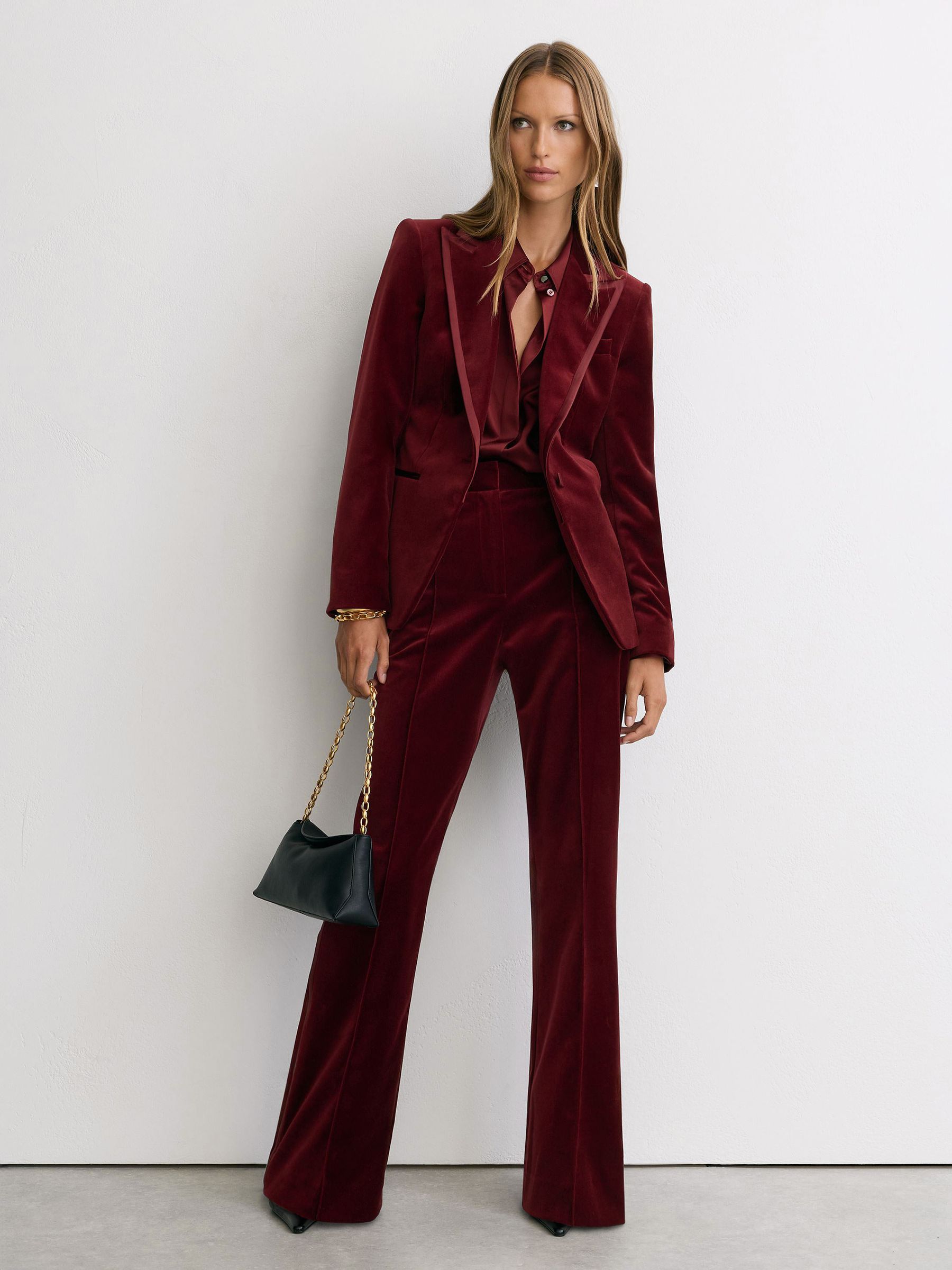 Tall Velvet Satin-Trim Single-Breasted Suit Blazer in Dark Red - Image 1 of 9