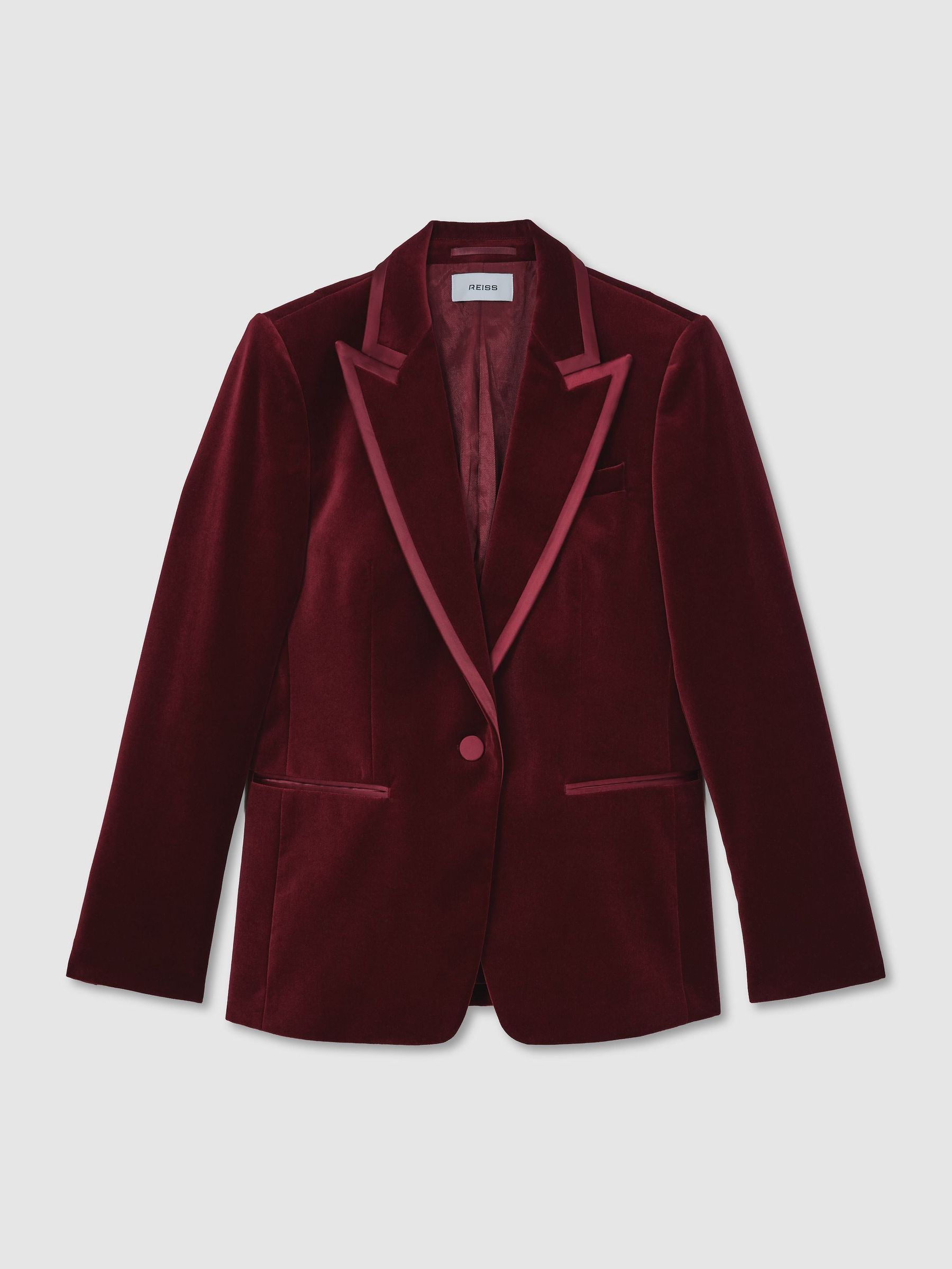 Tall Velvet Satin-Trim Single-Breasted Suit Blazer in Dark Red - Image 2 of 9
