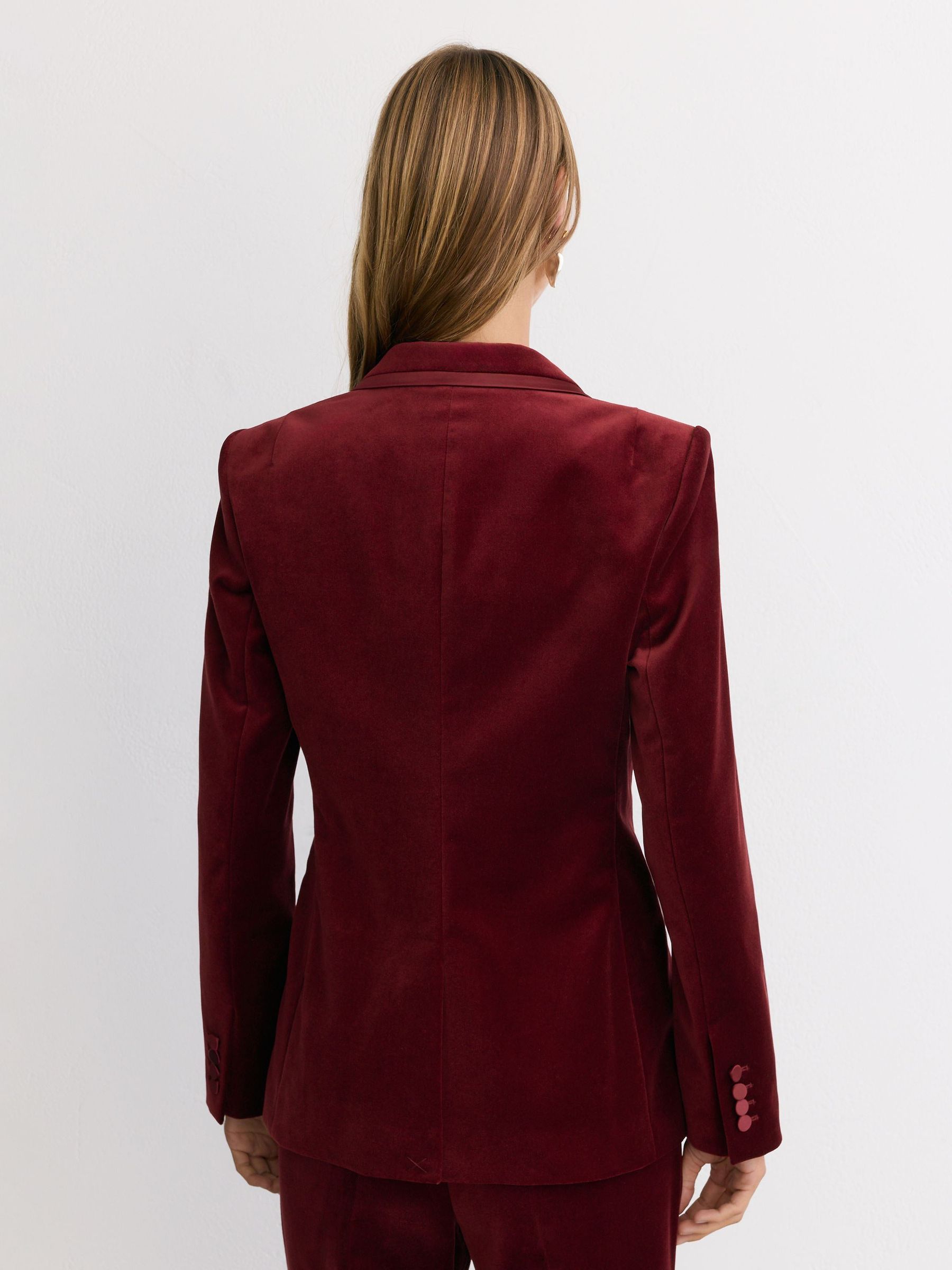 Tall Velvet Satin-Trim Single-Breasted Suit Blazer in Dark Red - Image 7 of 9