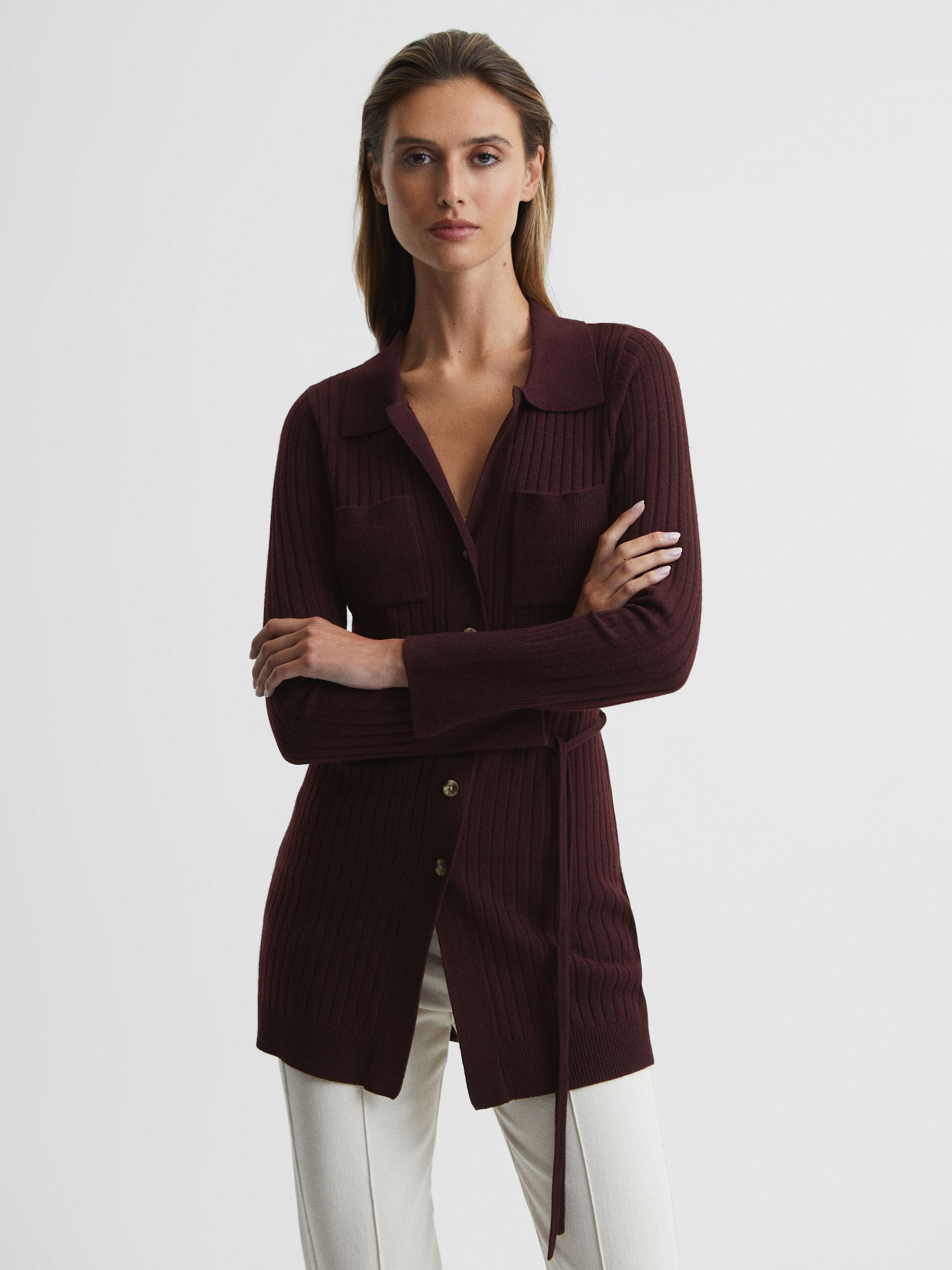 Cashmere Blend Cardigan in Burgundy - Image 1 of 6